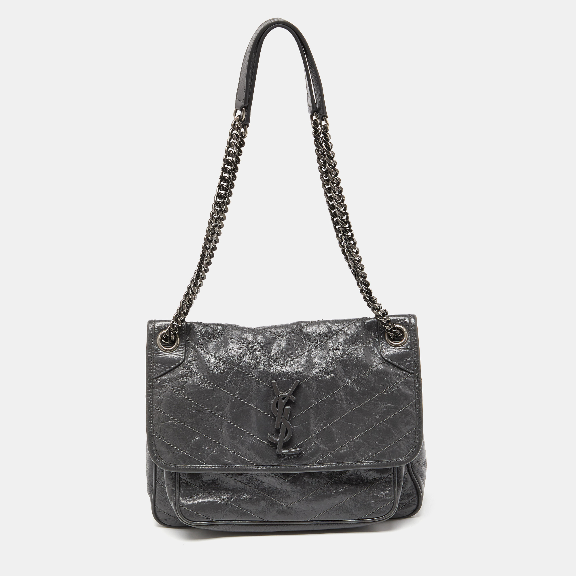 

Saint Laurent Grey Crinkled Leather Medium Niki Shoulder Bag