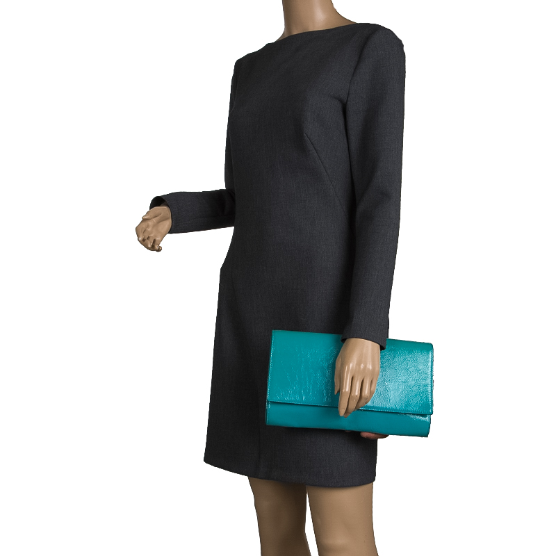 

Yves Saint Laurent Turquoise Patent Leather Belle De Jour Flap Clutch, Blue