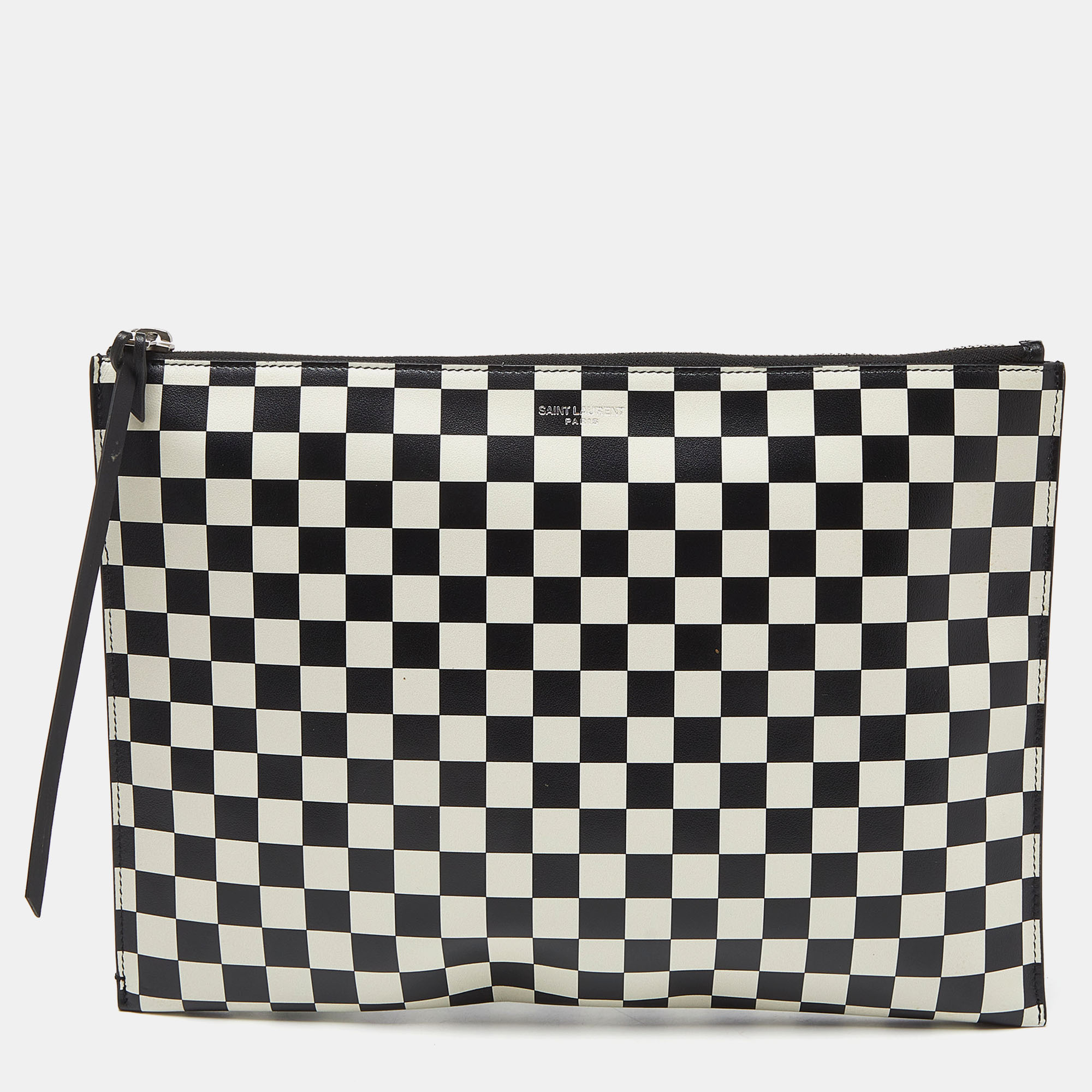 Pre-owned Saint Laurent Black/white Checkered Print Leather Clutch