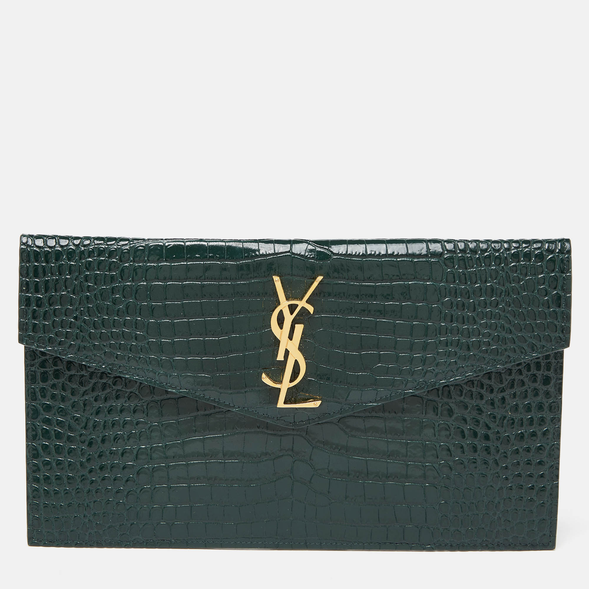 Saint Laurent Green Croc Embossed Leather Uptown Pouch