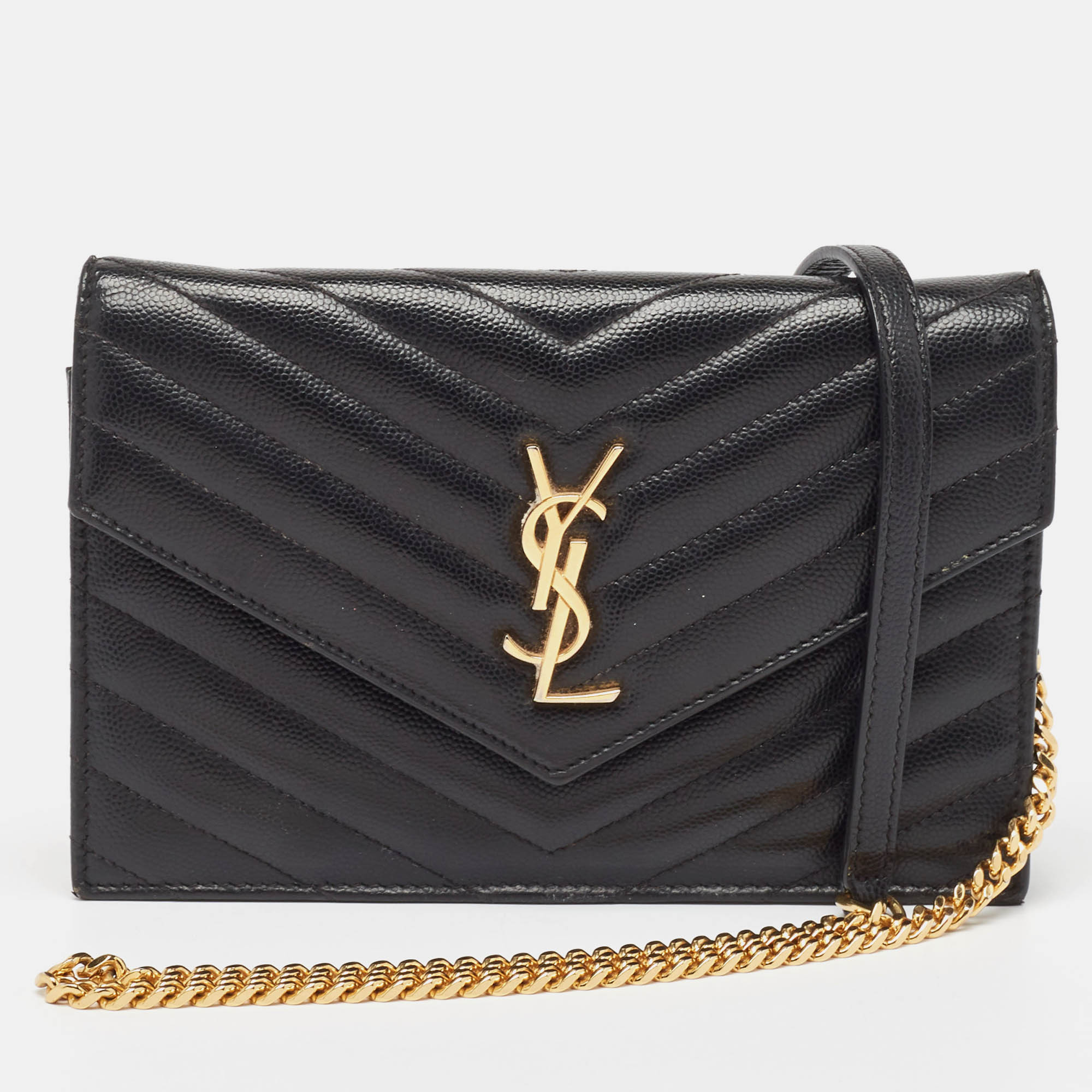 

Saint Laurent Black Matelassé Leather Envelope Wallet on Chain