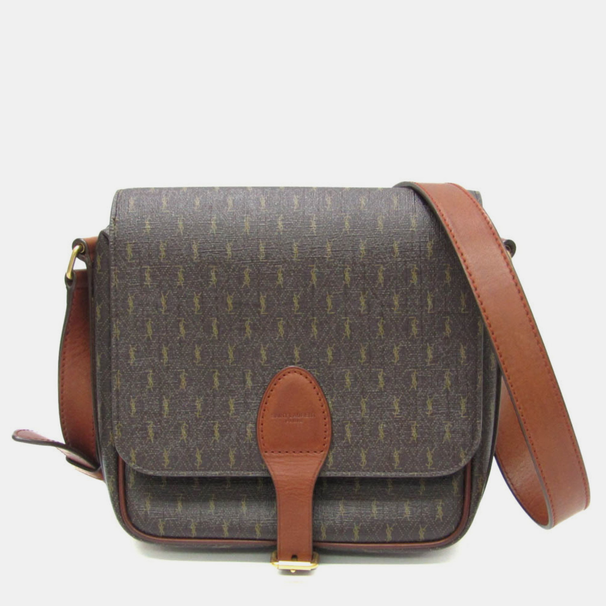 

Saint Laurent Monogram All Over Coated Canvas and Leather Medium Buckle Satchel Bag, Brown