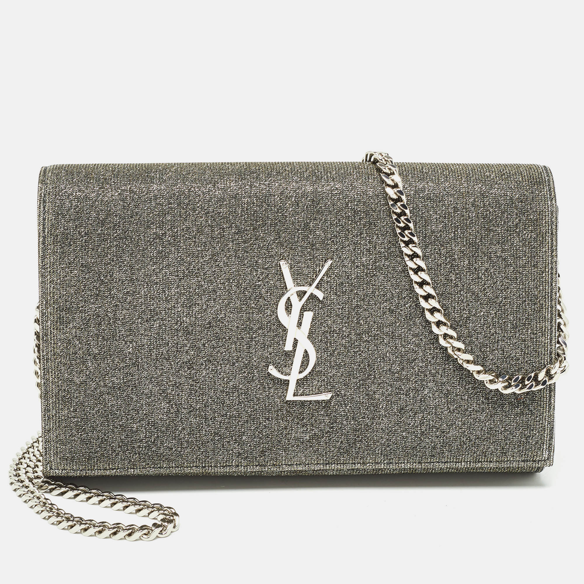 Pre-owned Saint Laurent Grey Lurex Fabric Kate Chain Clutch