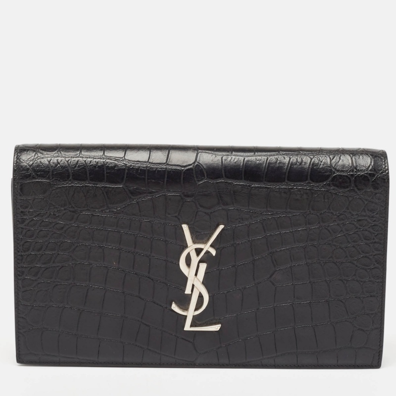 Pre-owned Saint Laurent Black Croc Embossed Leather Monogram Kate Clutch
