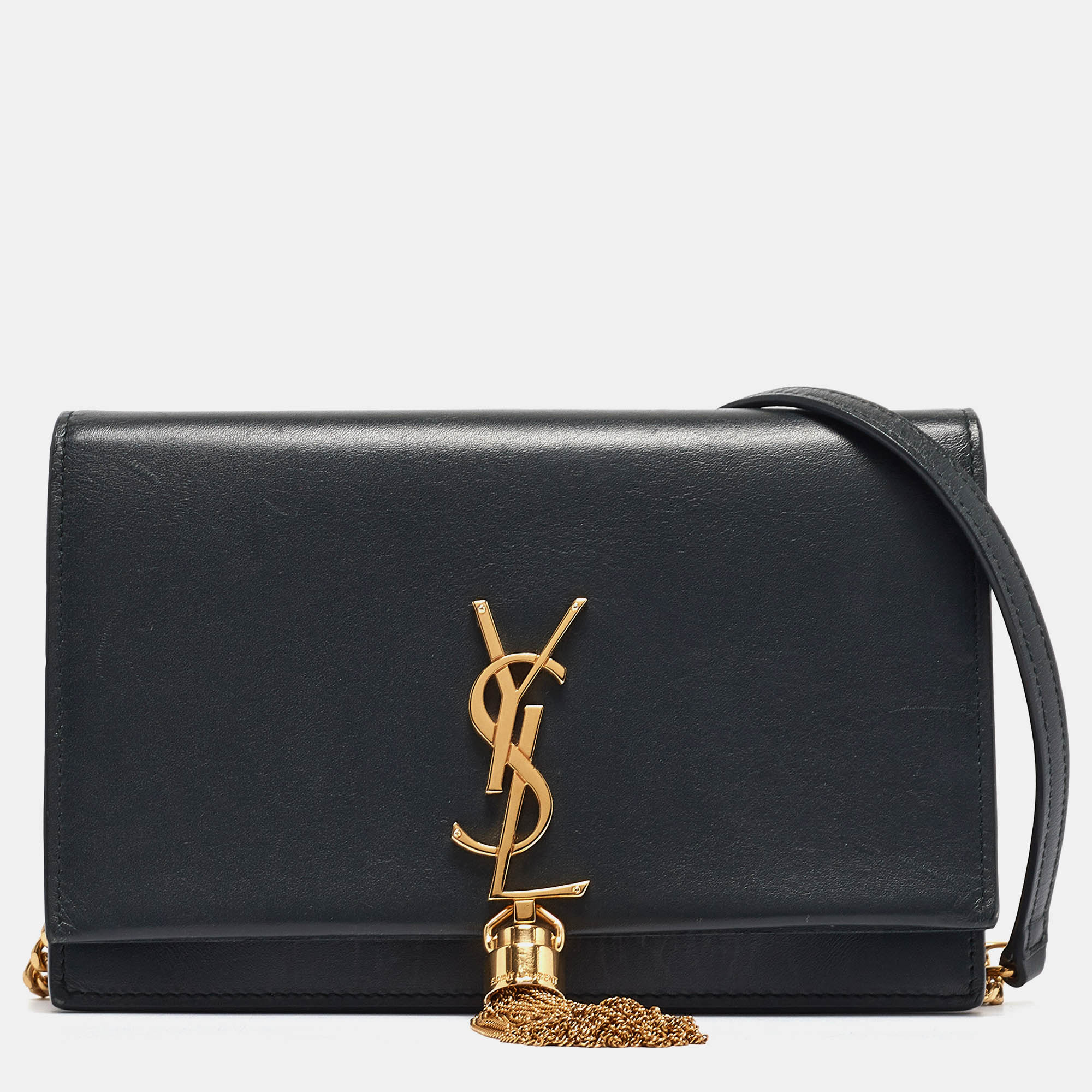 Pre-owned Saint Laurent Matte Black Leather Kate Tassel Wallet On Chain