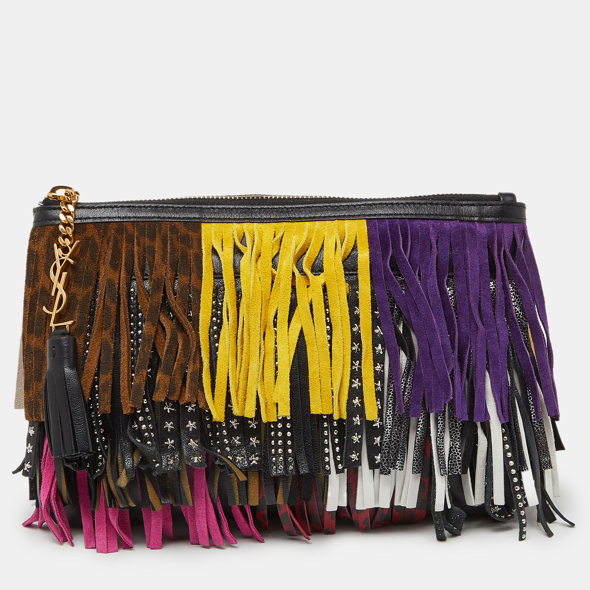 

Saint Laurent Multicolor Leather and Suede Fringed Zip Clutch