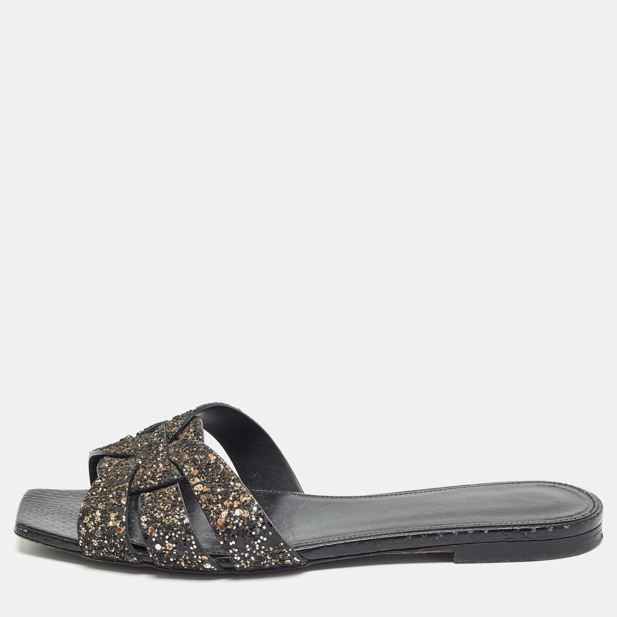 

Saint Laurent Black Coarse Glitter Tribute Flat Slides Size