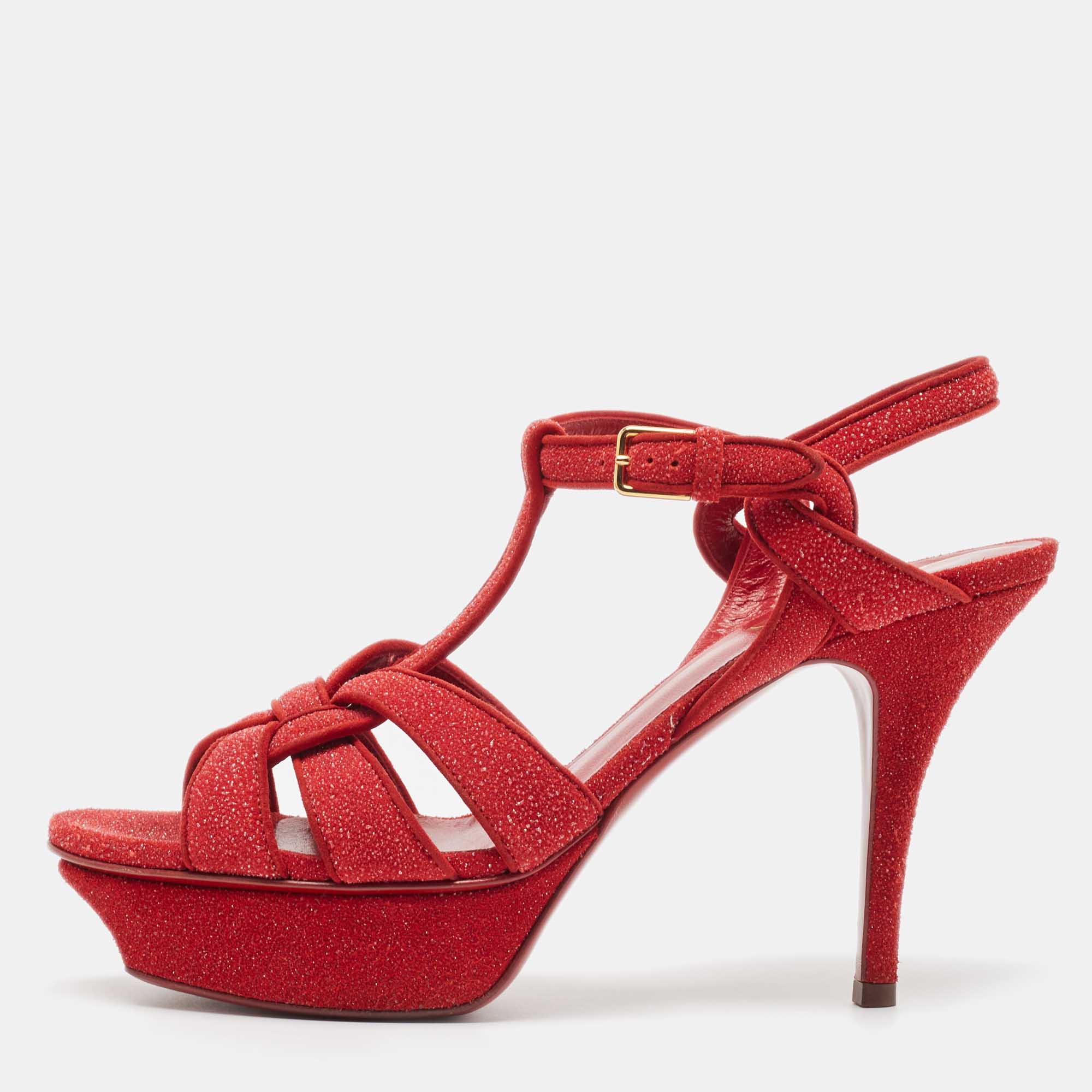 

Saint Laurent Red Crystal Suede Tribute Ankle Strap Sandals Size