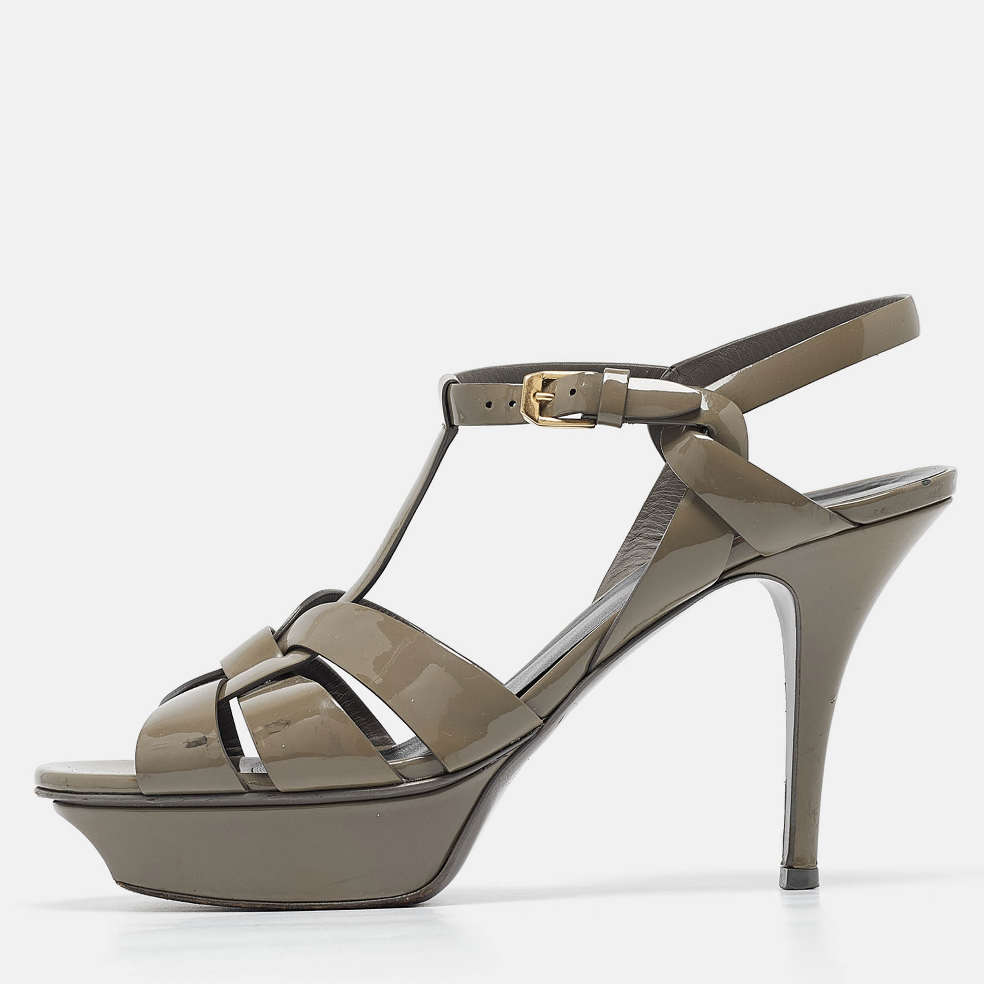 Pre-owned Saint Laurent Grey Patent Leather Tribute Sandals Size 39.5