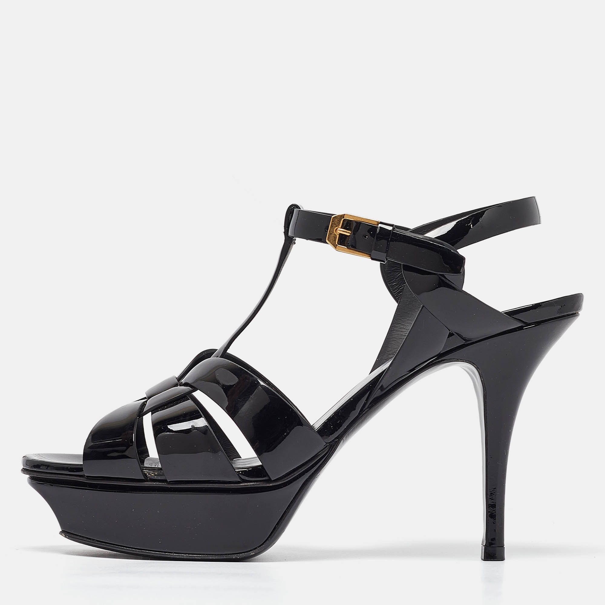 

Saint Laurent Black Patent Tribute Ankle Strap Sandals Size