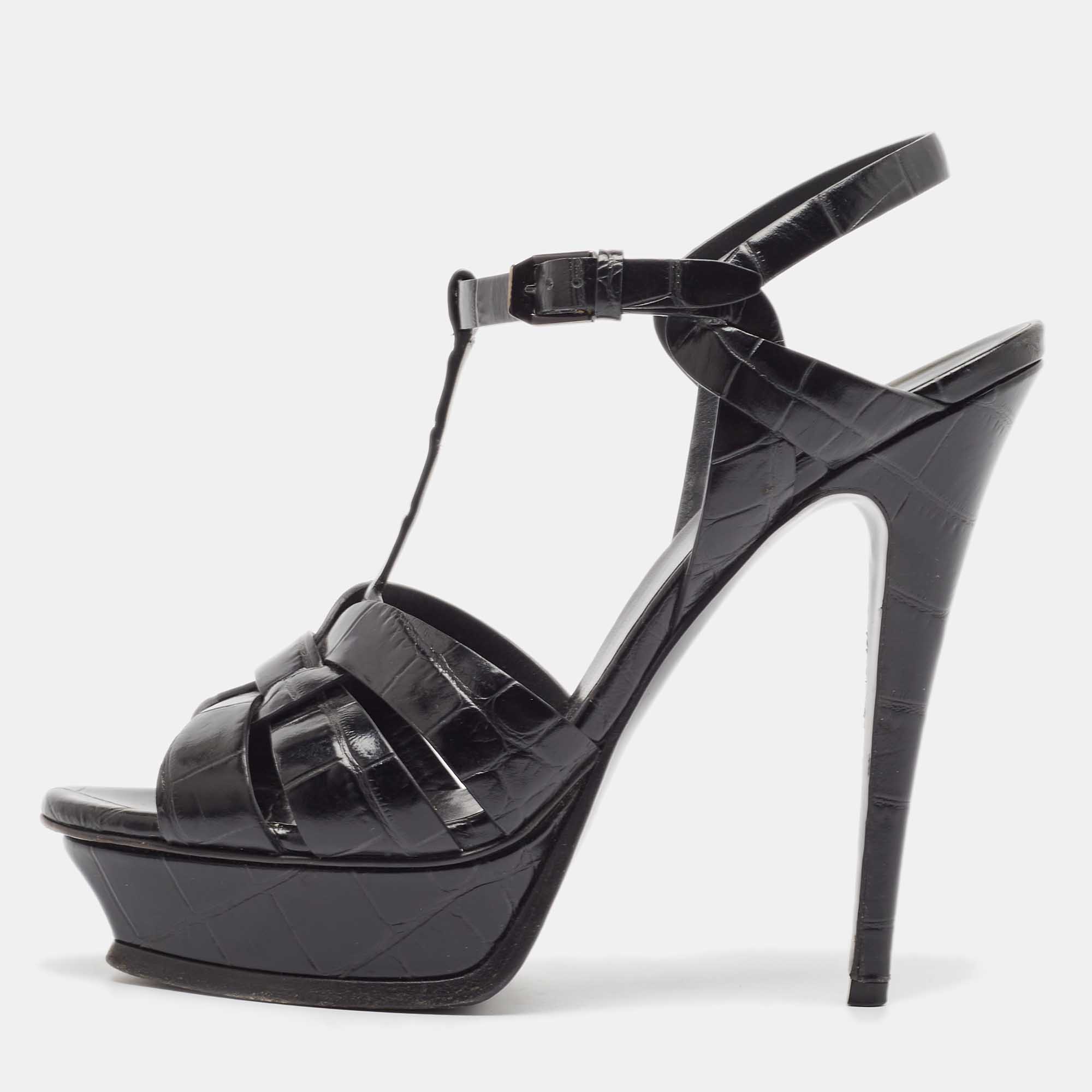 

Saint Laurent Black Embossed Croc Tribute Sandals Size