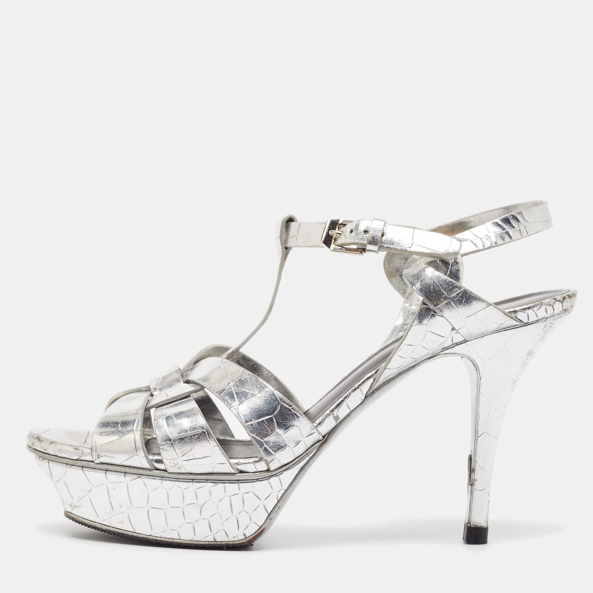 

Saint Laurent Silver Croc Embossed Leather Tribute Sandals Size