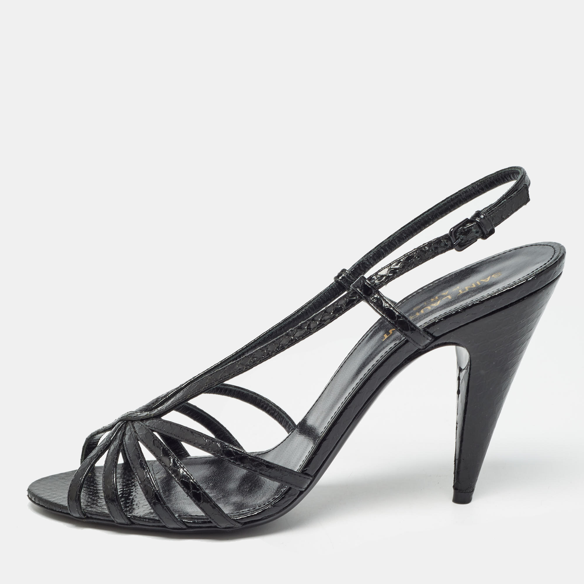 

Saint Laurent Black Embossed Python Strappy Slingback Sandals Size