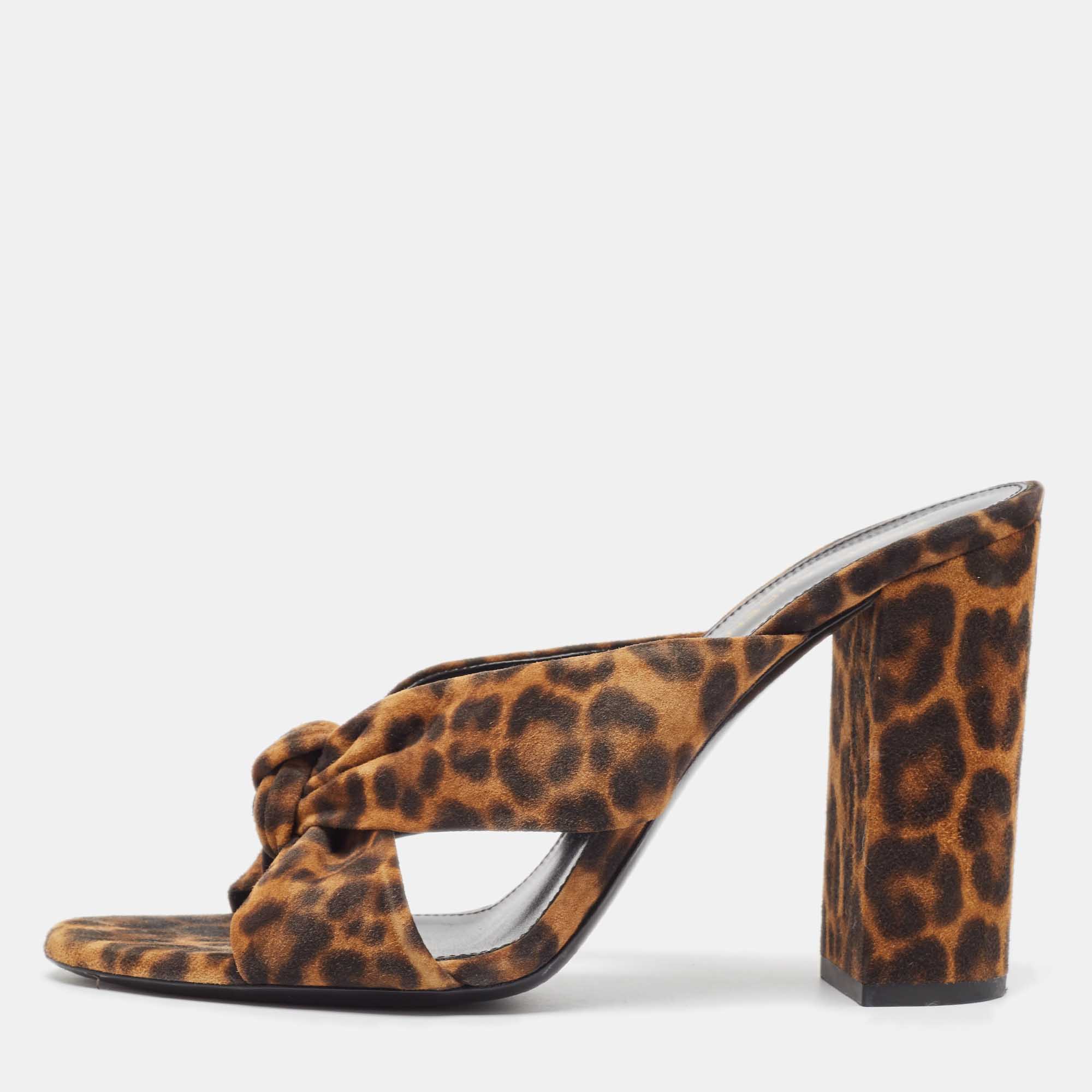 

Saint Laurent Brown/Black Leopard Print Suede Loulou Slide Sandals Size