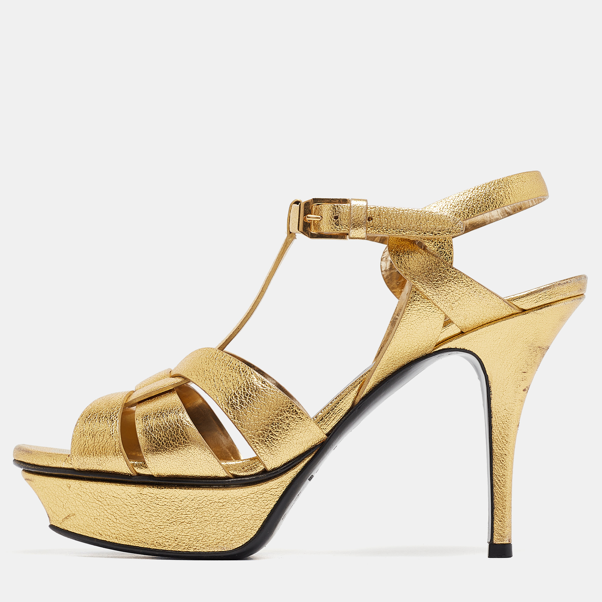 

Saint Laurent Gold Leather Tribute Ankle Strap Sandals Size