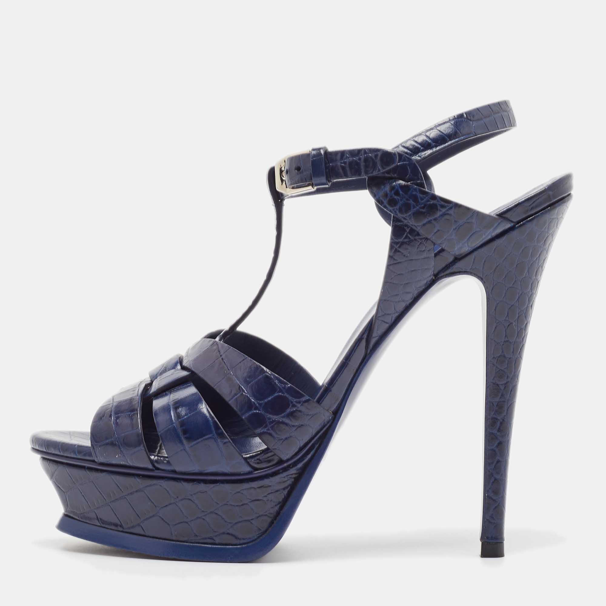 

Saint Laurent Paris Navy Blue Croc Embossed Leather Tribute Platform Ankle Strap Sandals Size