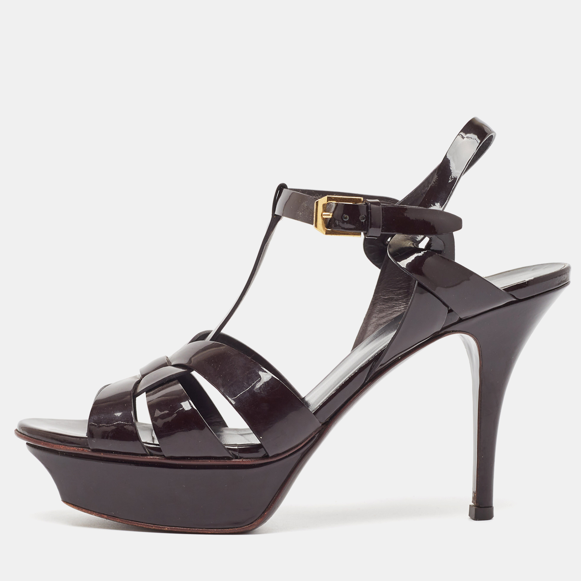 

Saint Laurent Burgundy Patent Leather Tribute Ankle Strap Sandals Size