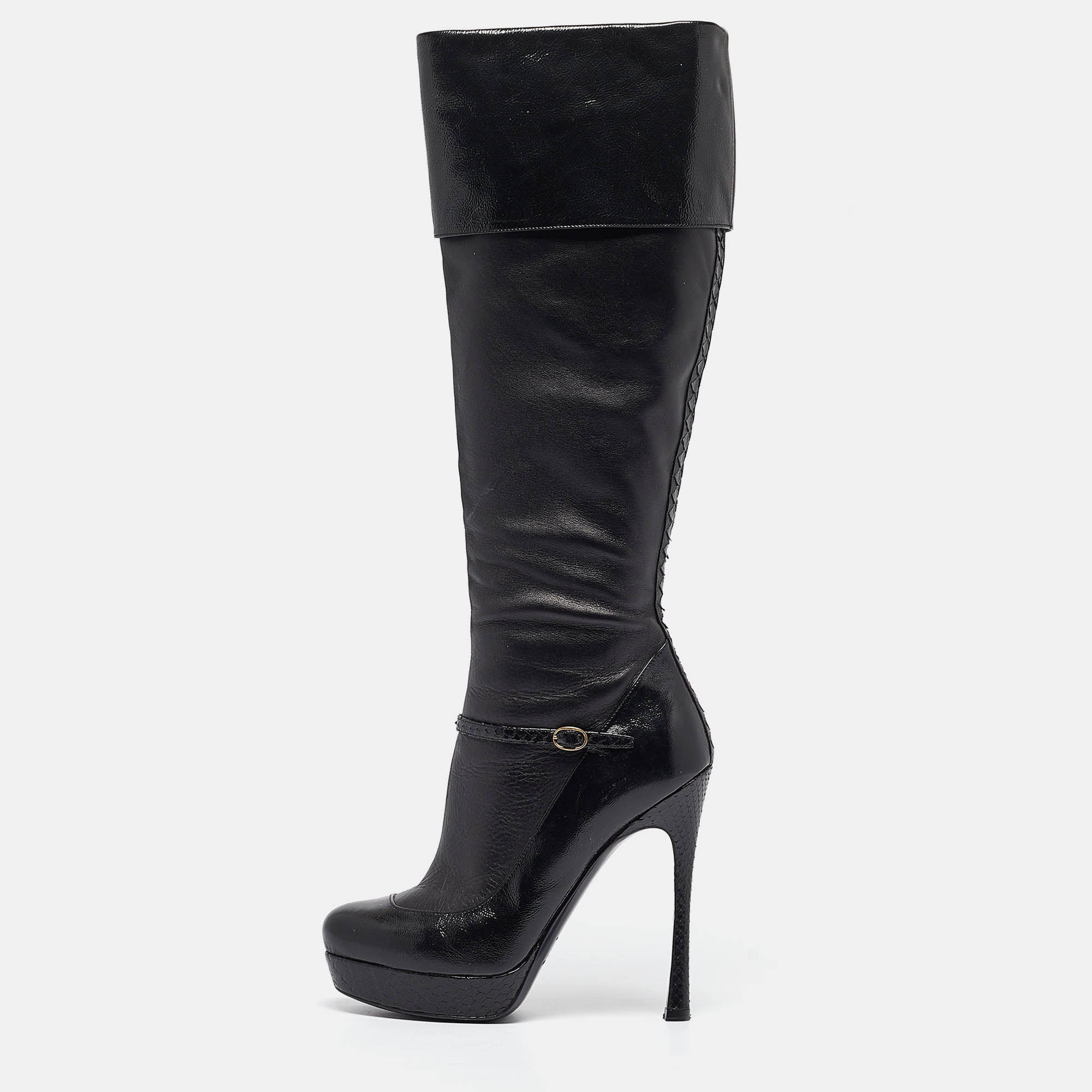 Pre-owned Saint Laurent Black Python And Leather Knee Length Boots Size 39