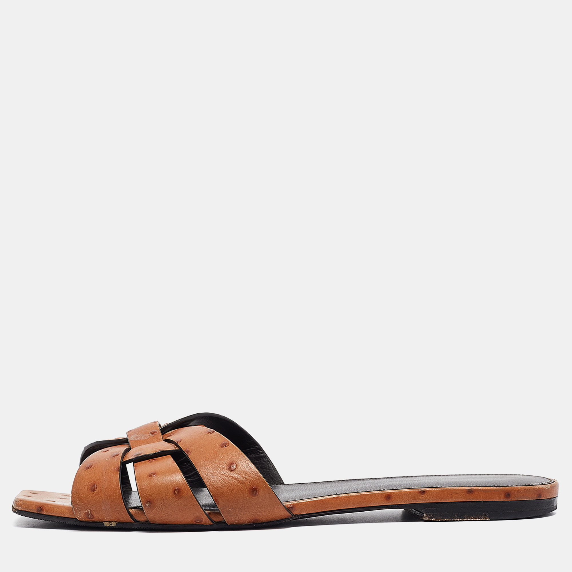 Pre-owned Saint Laurent Brown Ostrich Tribute Flat Slides Size 40