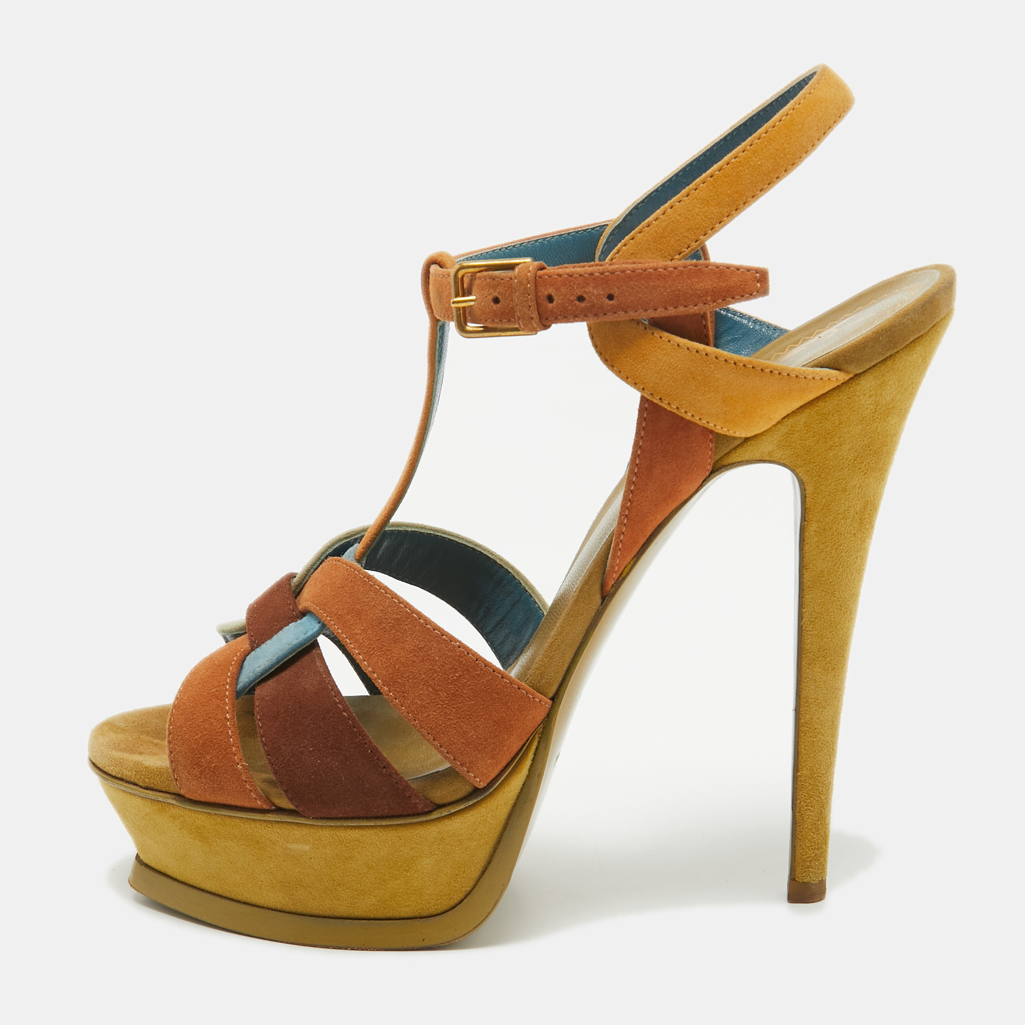 Pre-owned Saint Laurent Multicolor Suede Tribute Ankle Strap Sandals Size 37