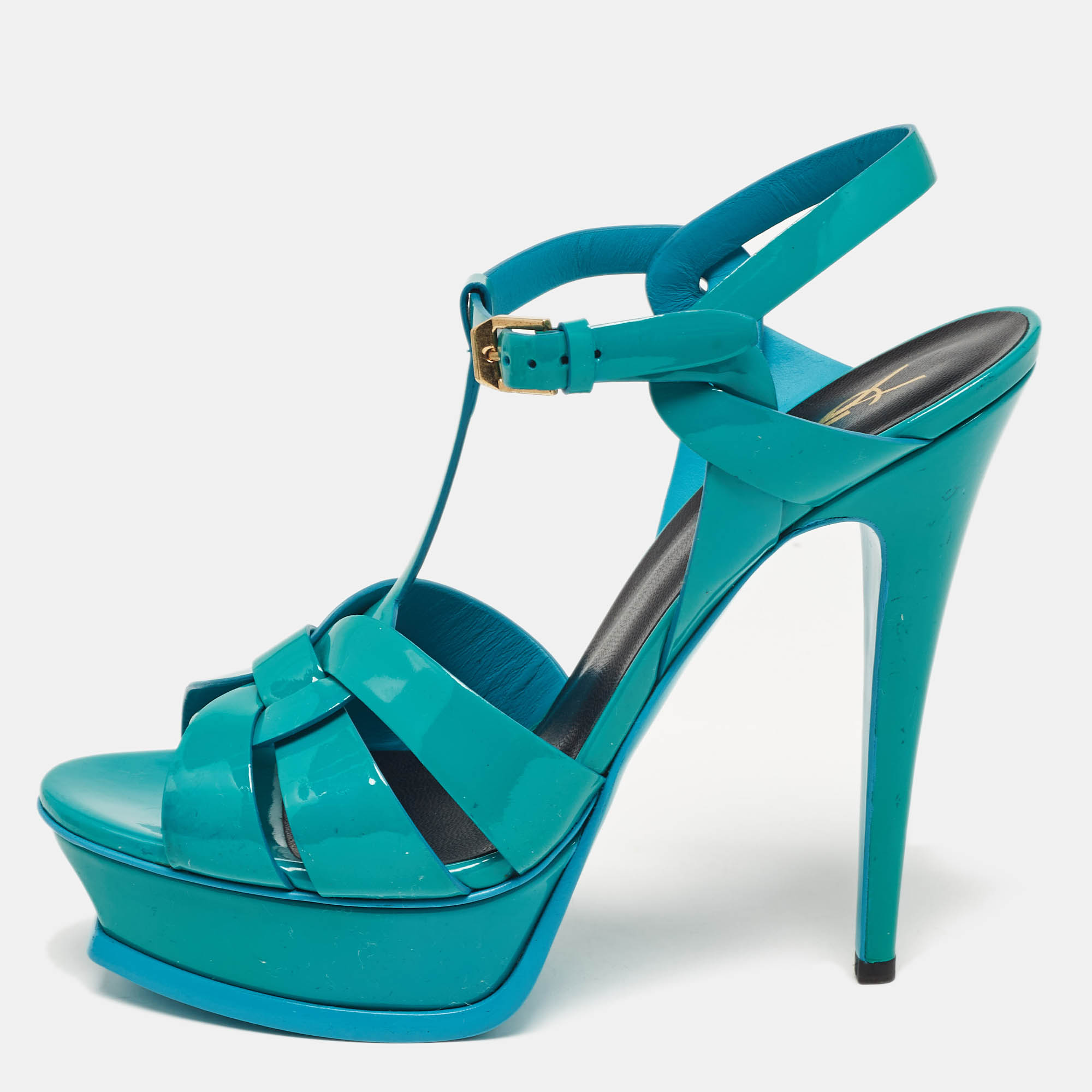 Pre-owned Saint Laurent Green Patent Leather Tribute Platform Sandals 39