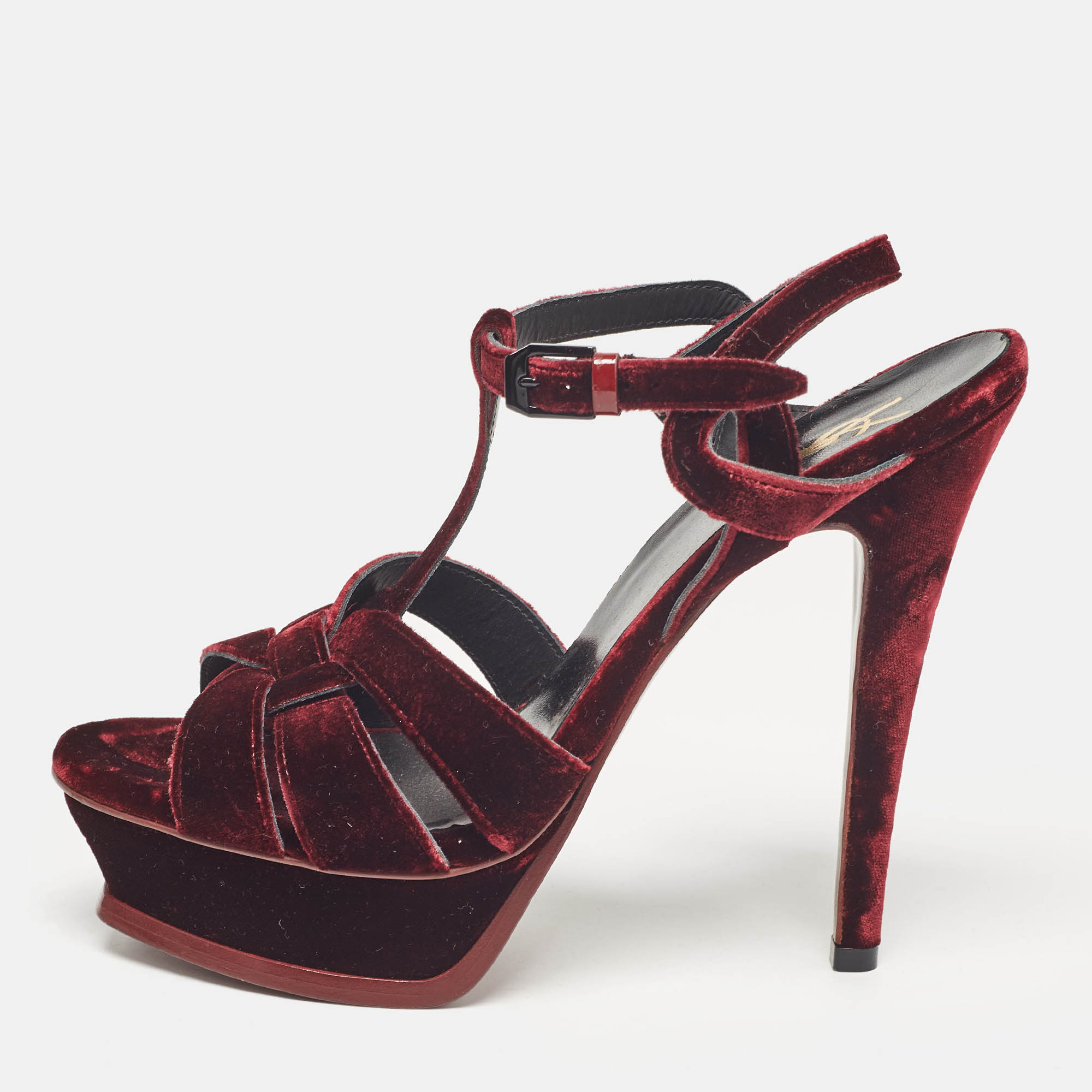 Pre-owned Saint Laurent Burgundy Velvet Tribute Platform Sandals Size 38.5