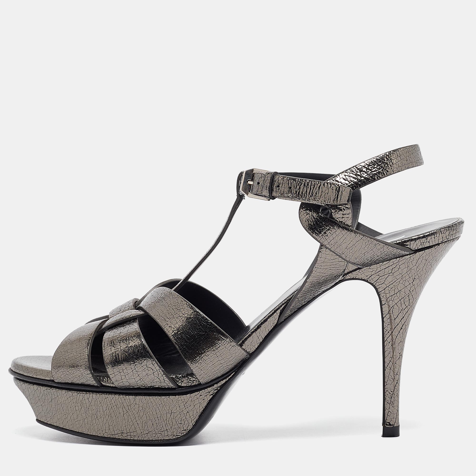 

Saint Laurent Metallic Grey Textured Leather Tribute Sandals Size