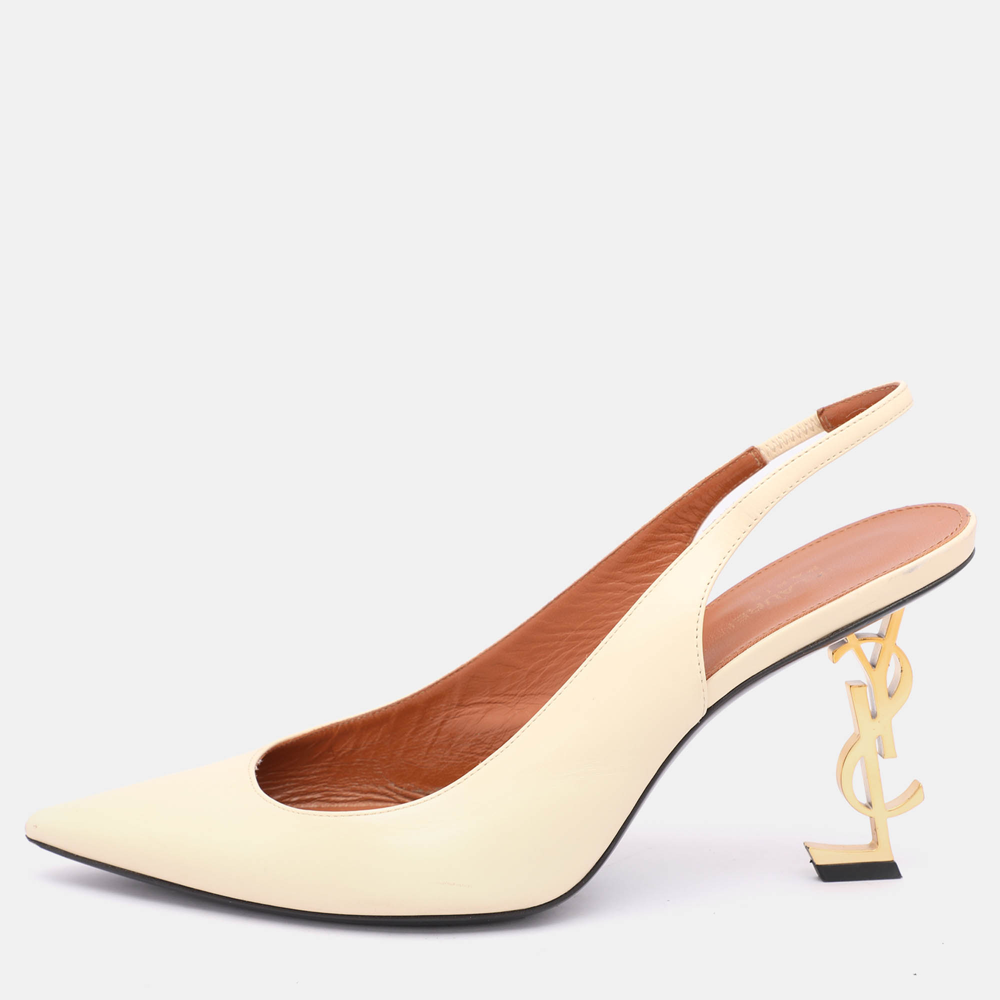 Pre-owned Saint Laurent Cream Leather Opyum Slingback Pumps Size 41