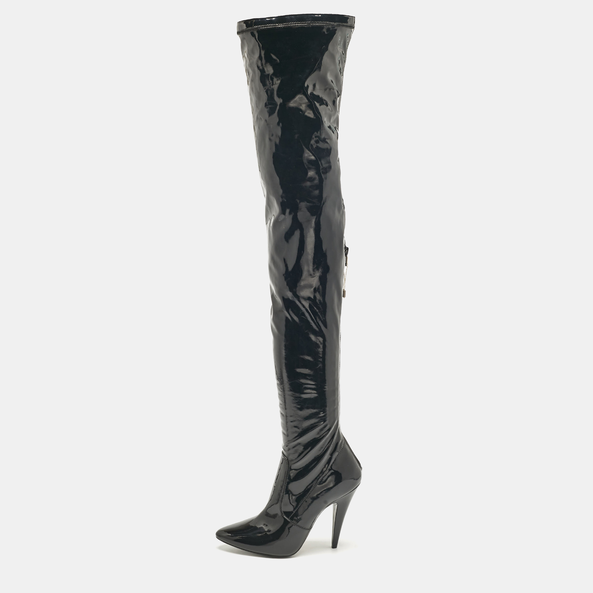 Pre-owned Saint Laurent Black Patent Leather Thigh High Boots Size 38