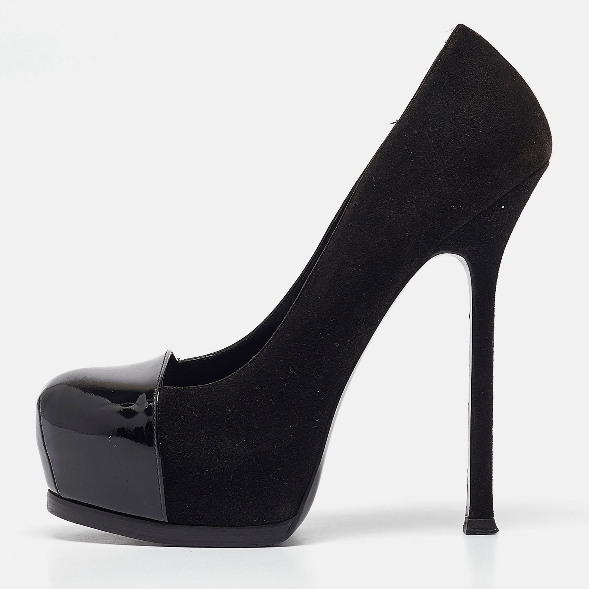 

Saint Laurent Black Patent Leather and Suede Tribtoo Platform Pumps Size