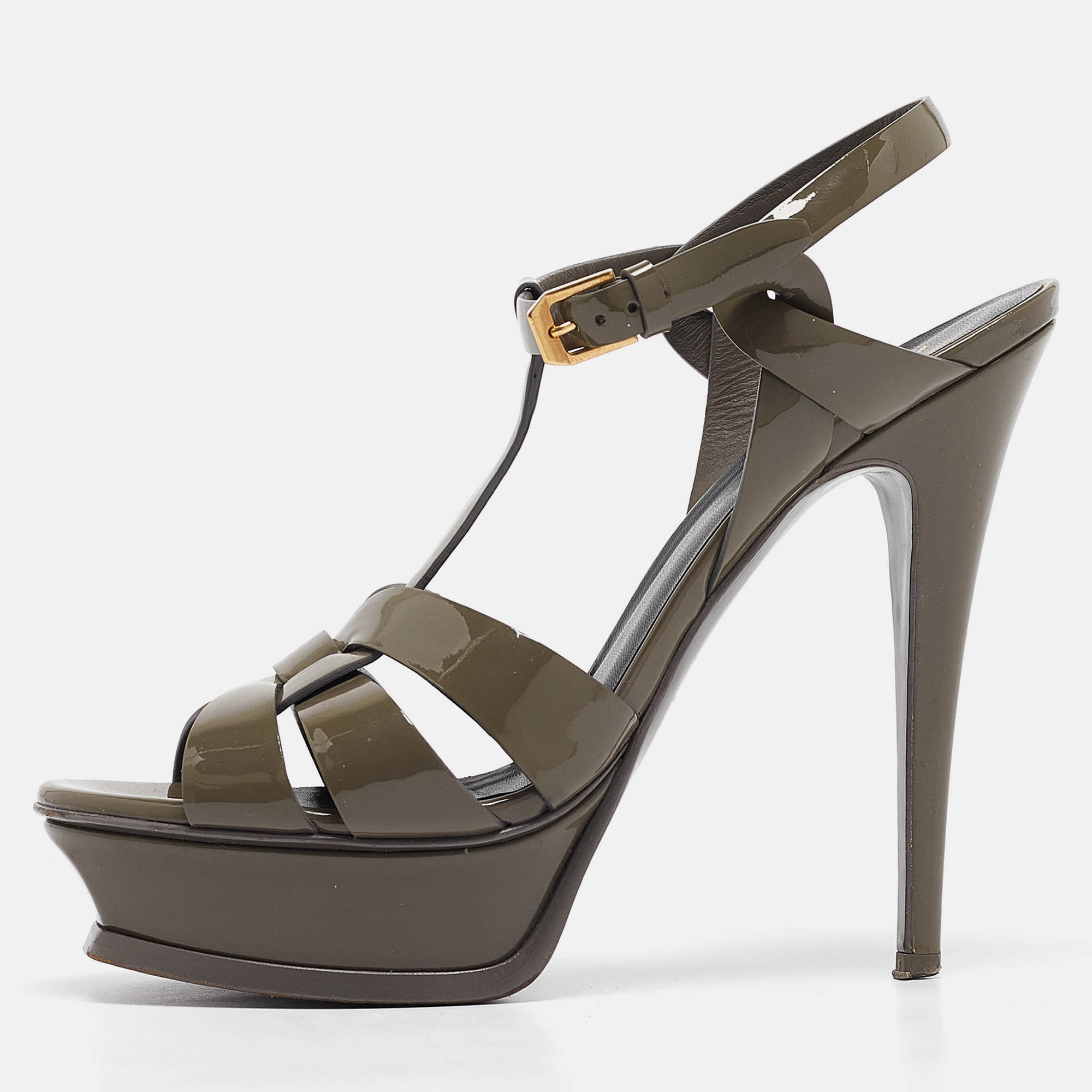 Pre-owned Saint Laurent Grey Patent Leather Tribute Platform Sandals 38.5