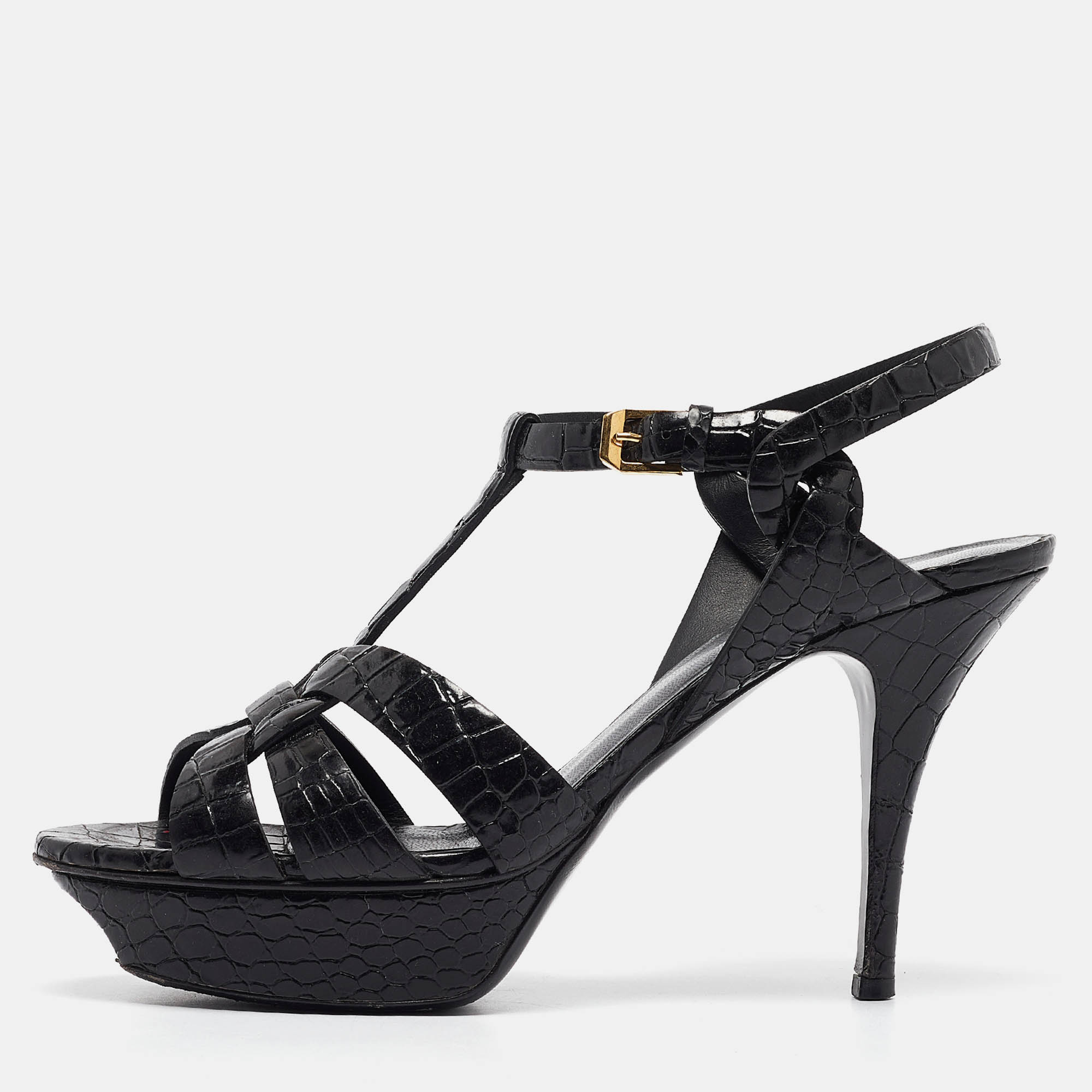 

Saint Laurent Black Croc Embossed Leather Tribute Platform Sandals Size