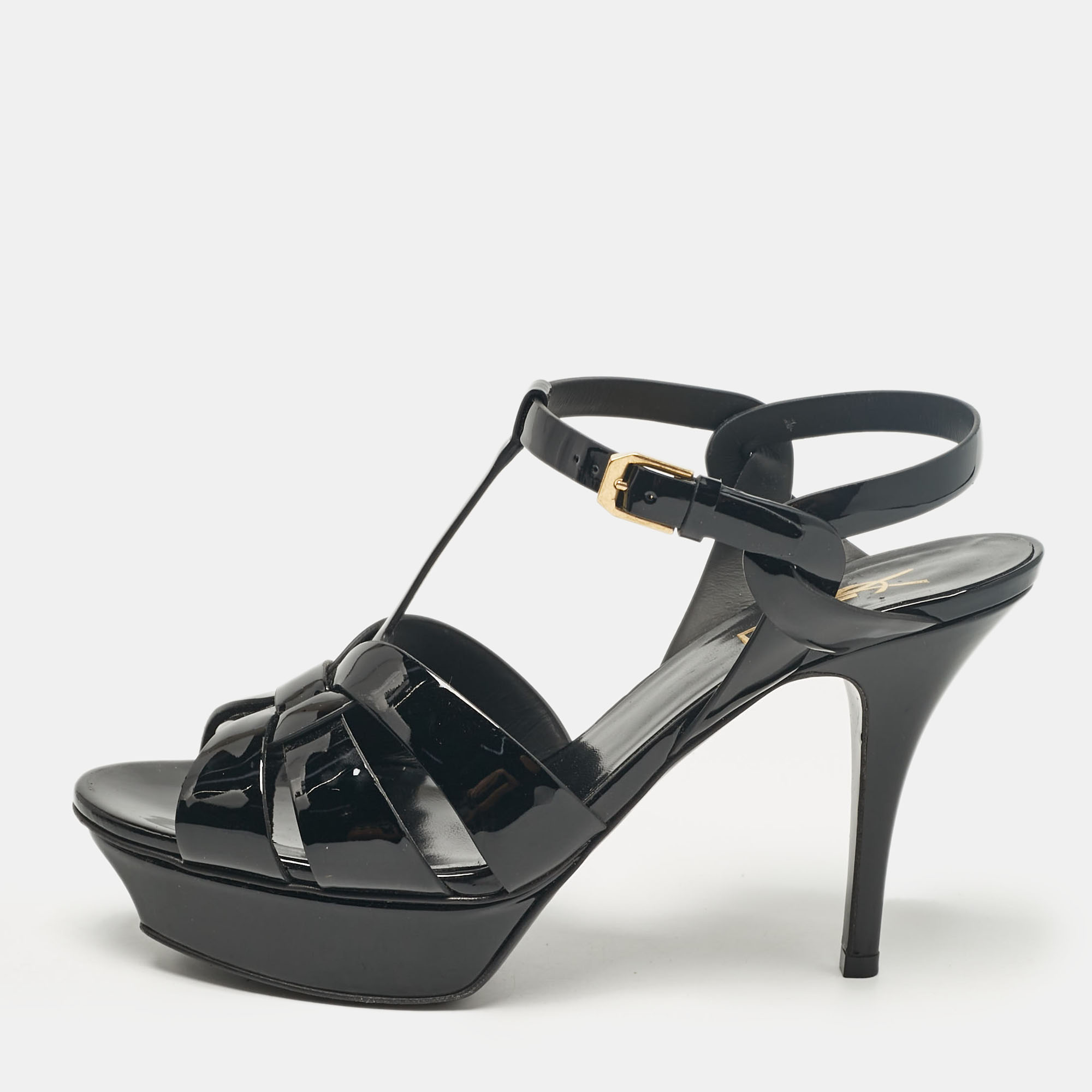 

Saint Laurent Black Patent Leather Tribute Ankle Strap Sandals Size