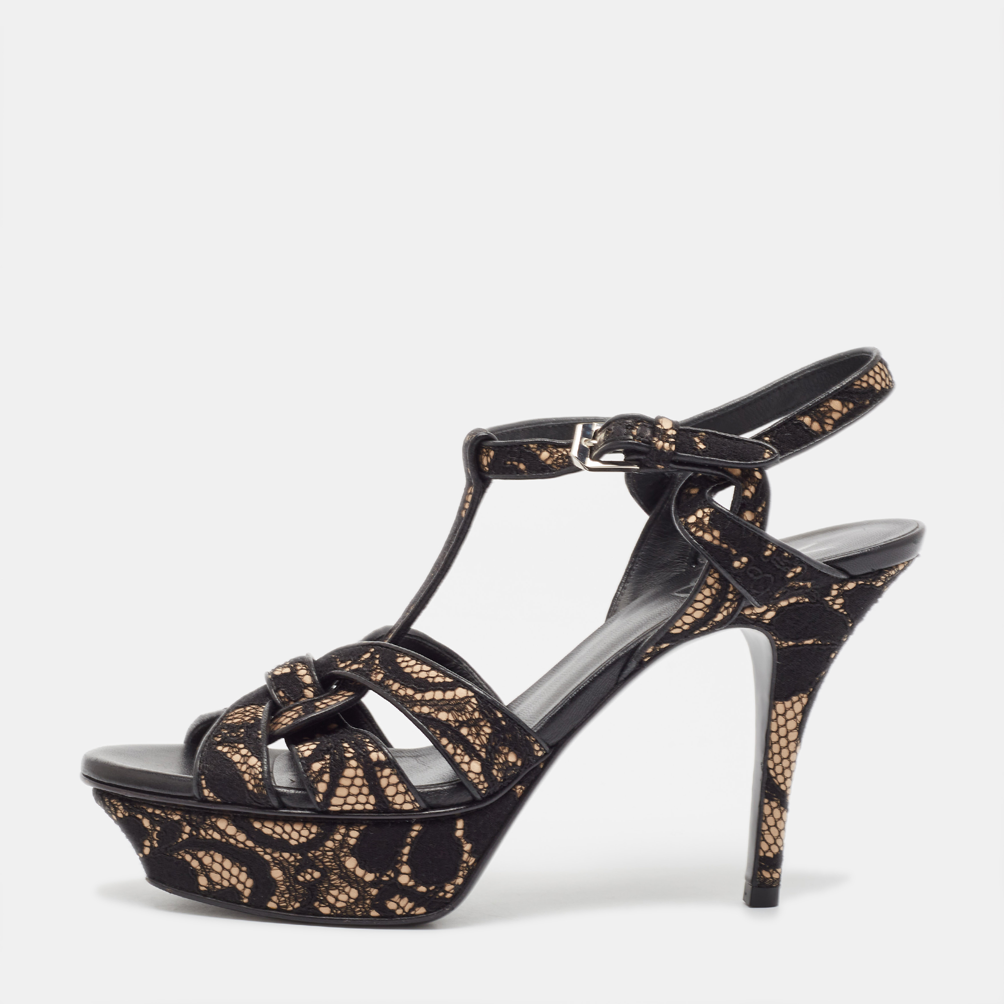 

Saint Laurent Black/Beige Lace and Satin Tribute Sandals Size