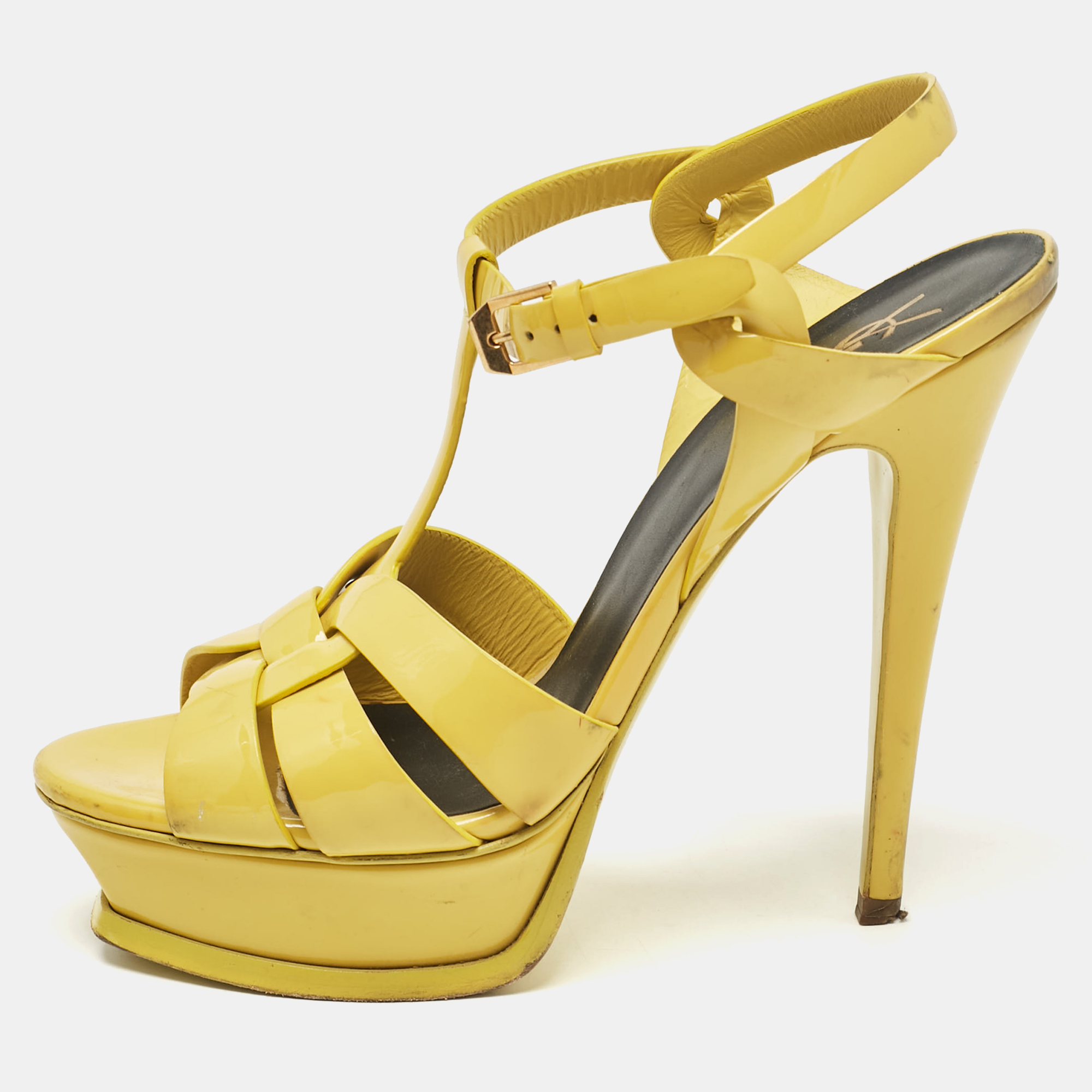 Pre-owned Saint Laurent Yellow Patent Tribute Platform Sandals Size 38.5