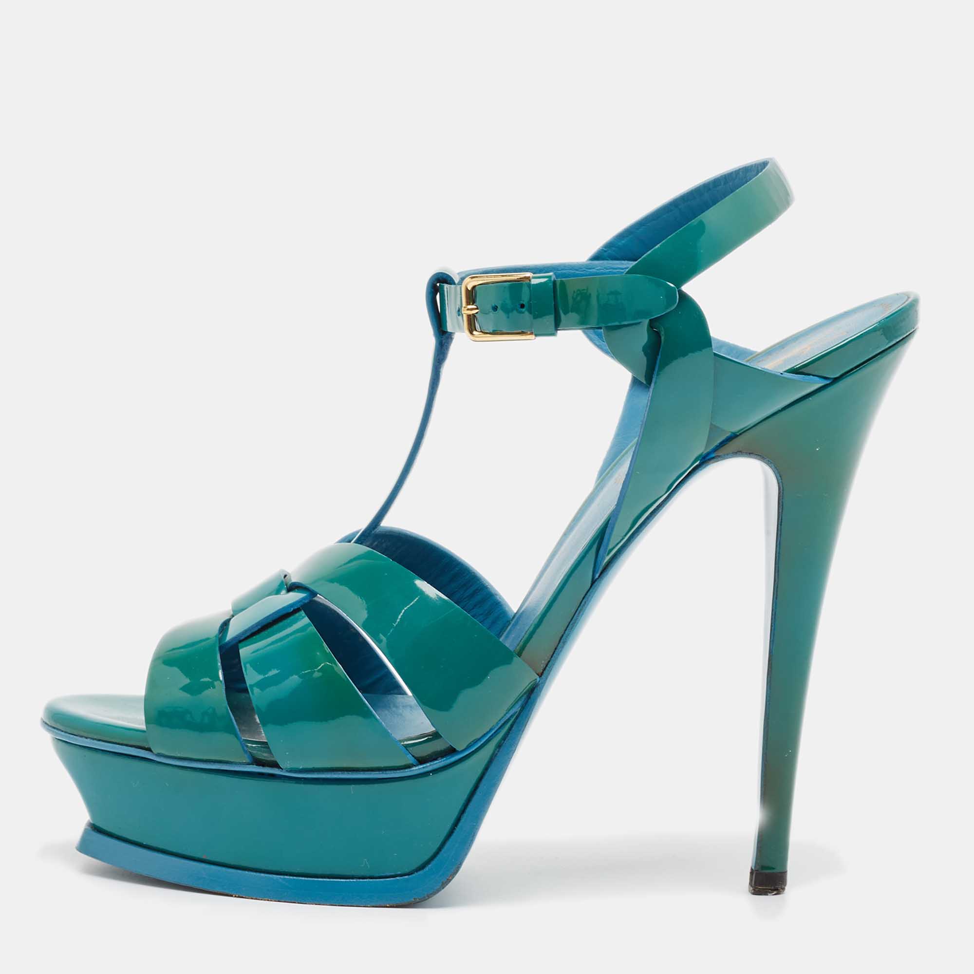 

Saint Laurent Green Patent Leather Tribute Platform Sandals Size