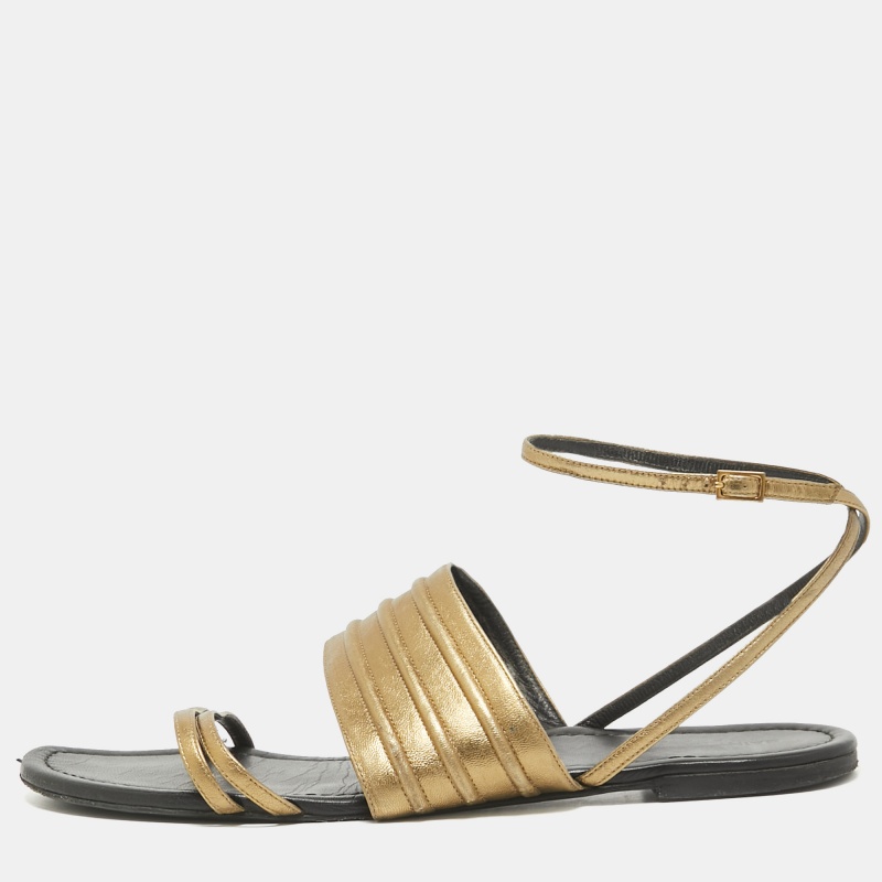 

Saint Laurent Gold Leather Ankle Strap Flats Size