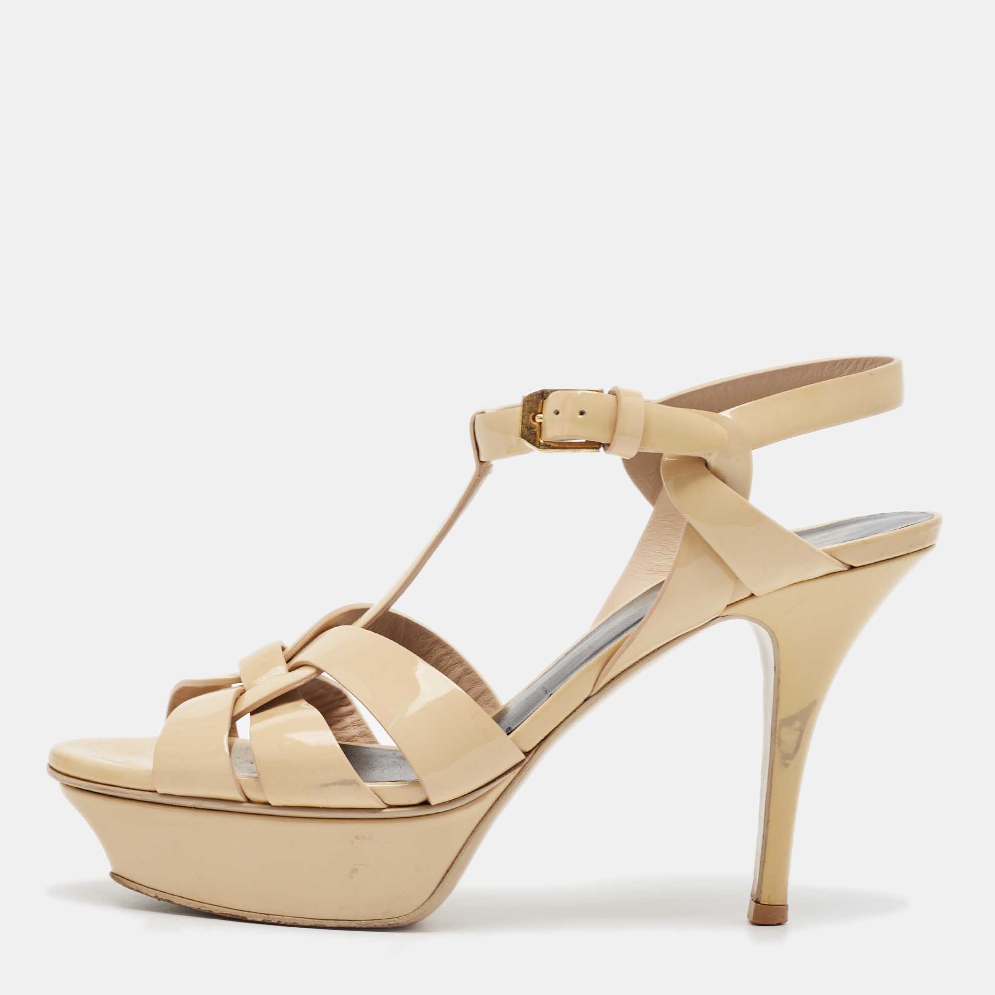 

Saint Laurent Beige Patent Leather Tribute Sandals Size