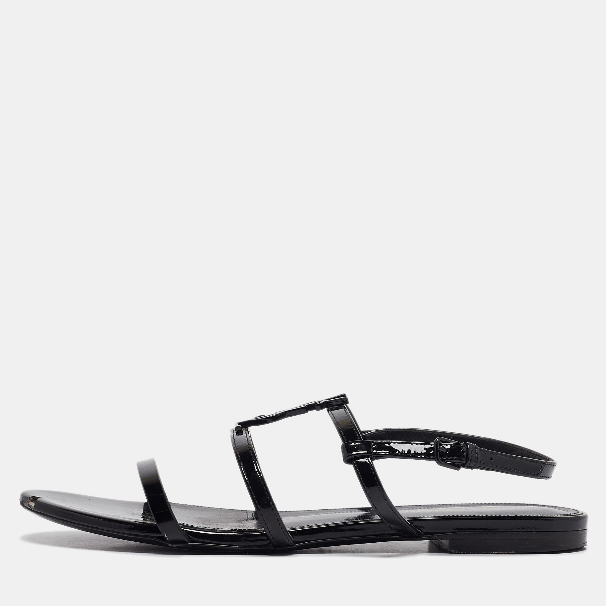 

Saint Laurent Black Patent Leather Cassandra Flat Sandals Size