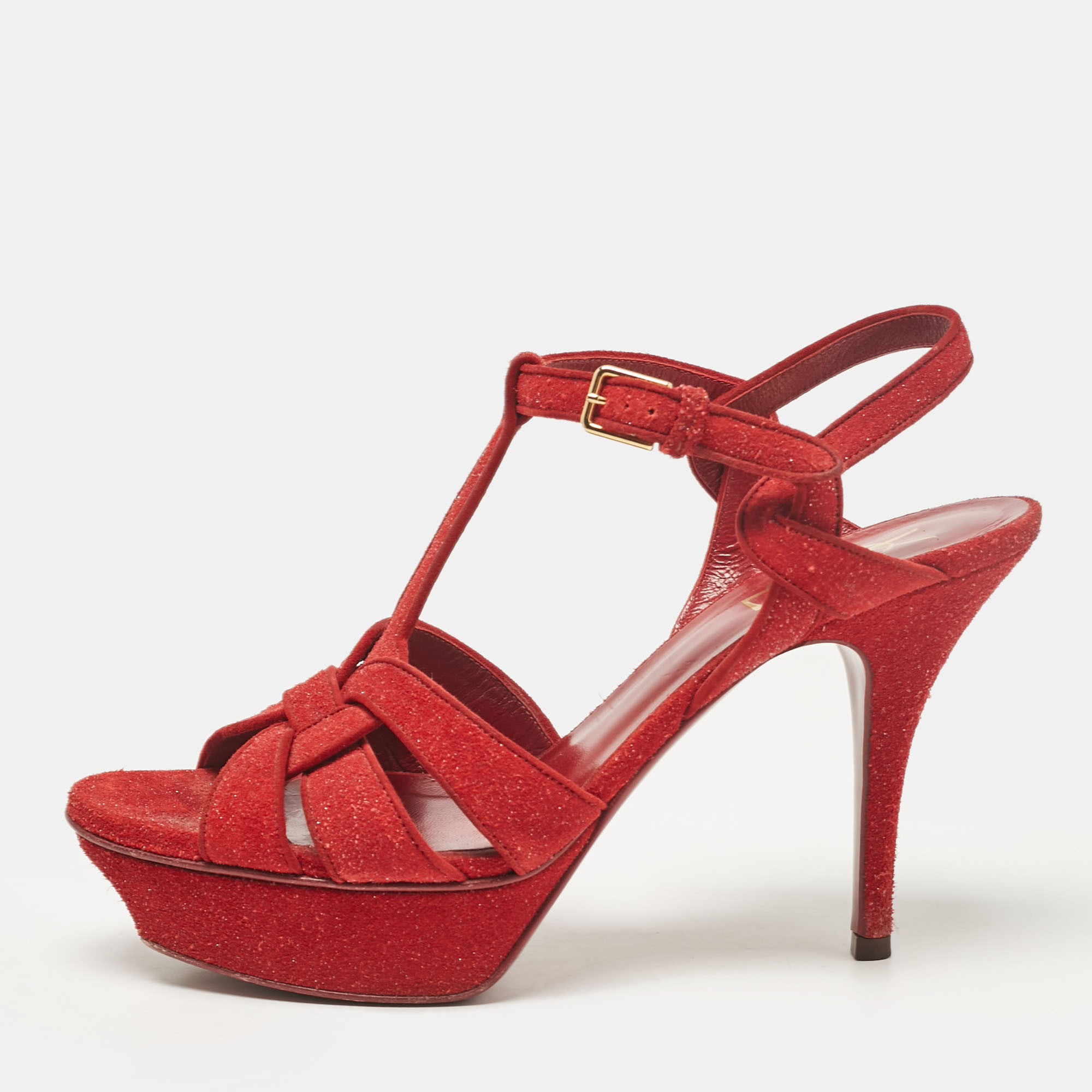 

Saint Laurent Red Glitter and Suede Tribute Platform Sandals Size