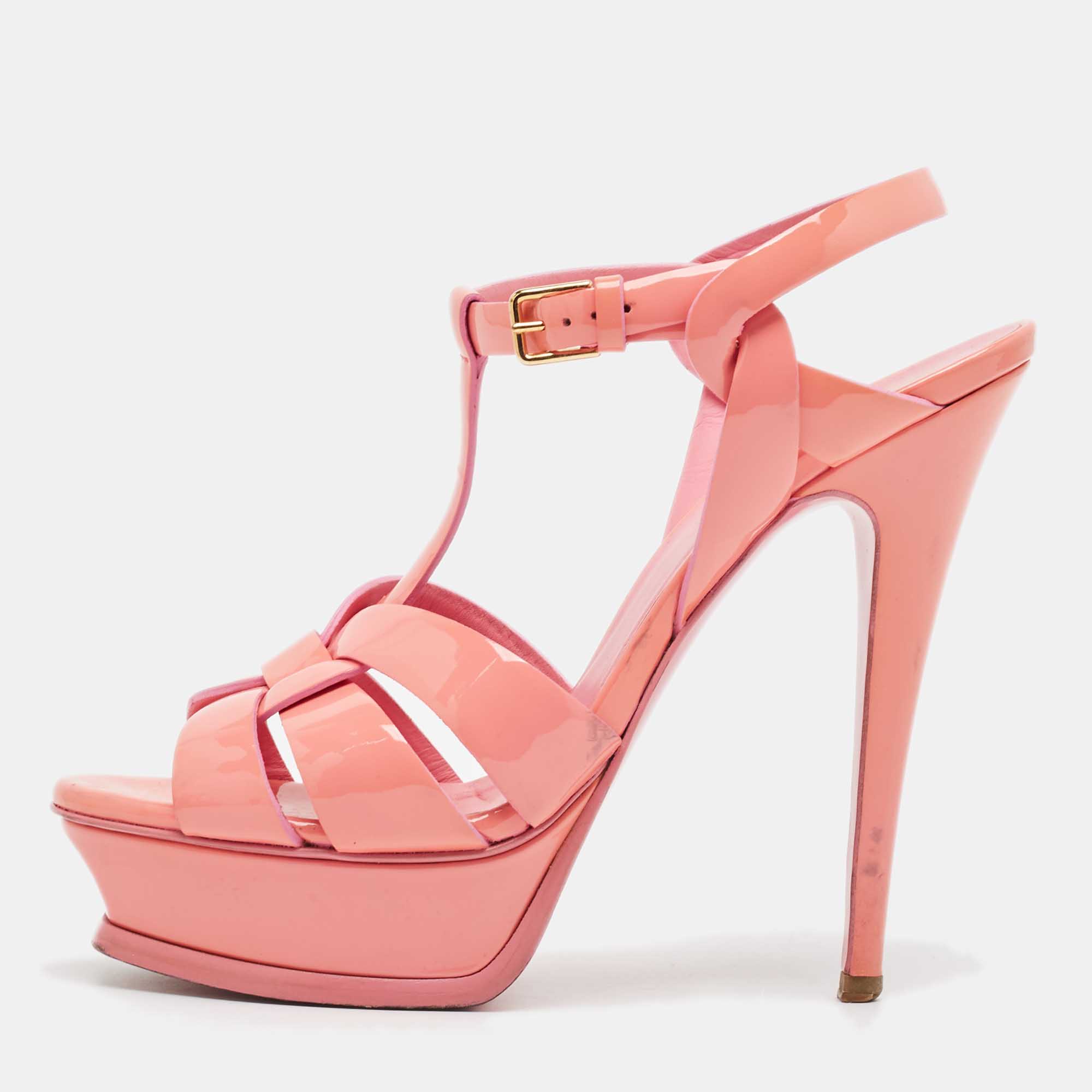 

Saint Laurent Pink Patent Leather Tribute Platform Sandals Size