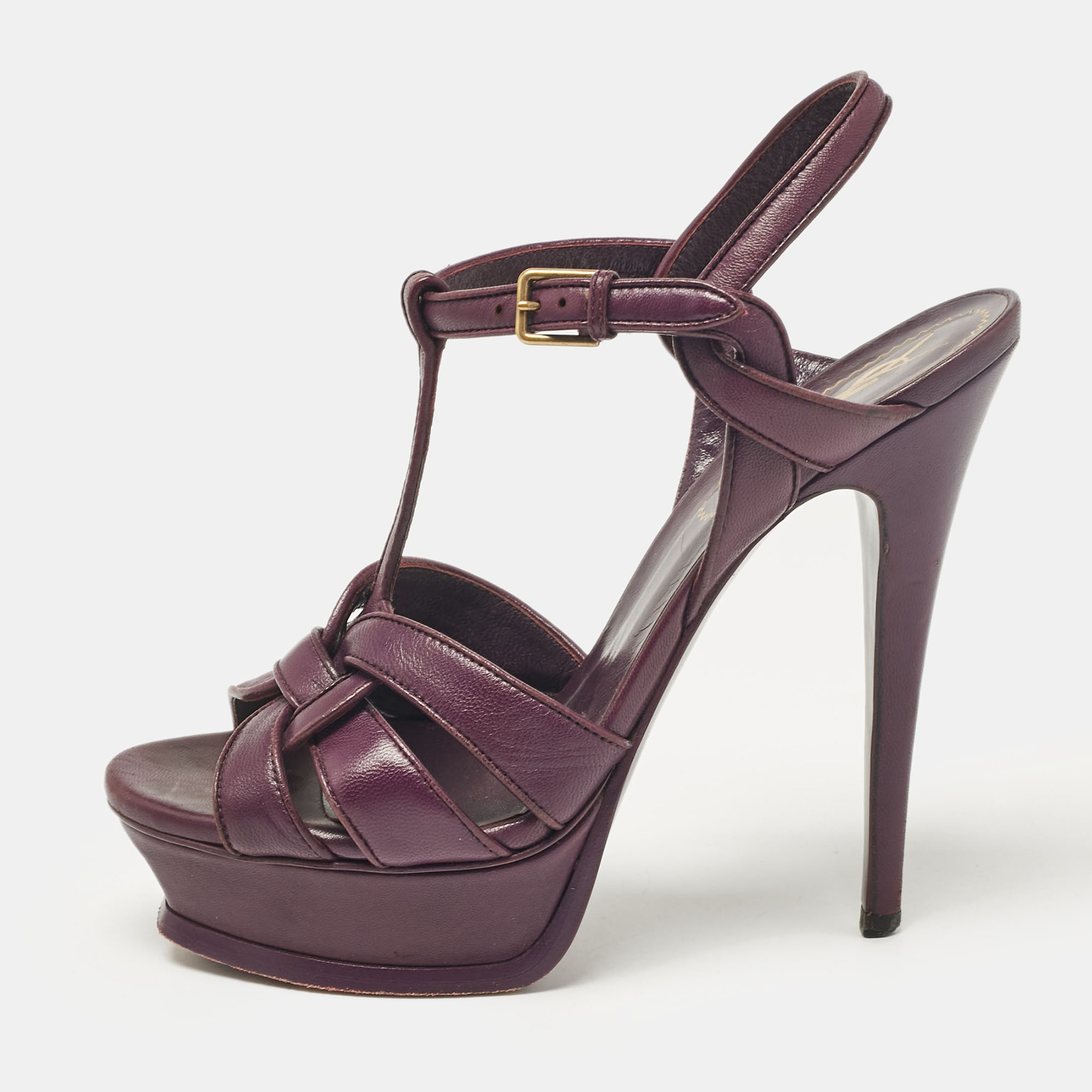 Pre-owned Saint Laurent Purple Leather Tribute Platform Sandals Size 37