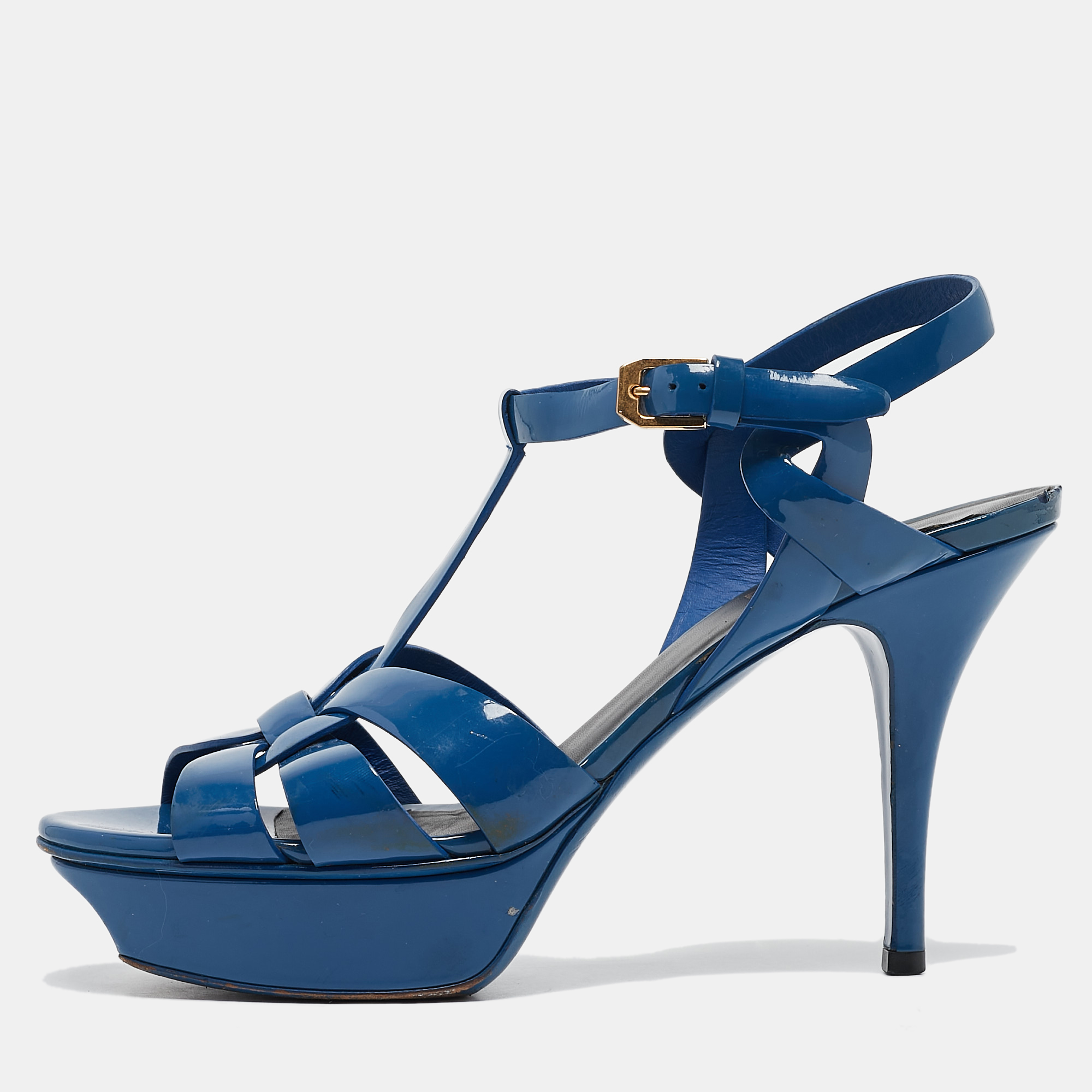 Pre-owned Saint Laurent Blue Patent Leather Tribute Platform Sandals Size 38