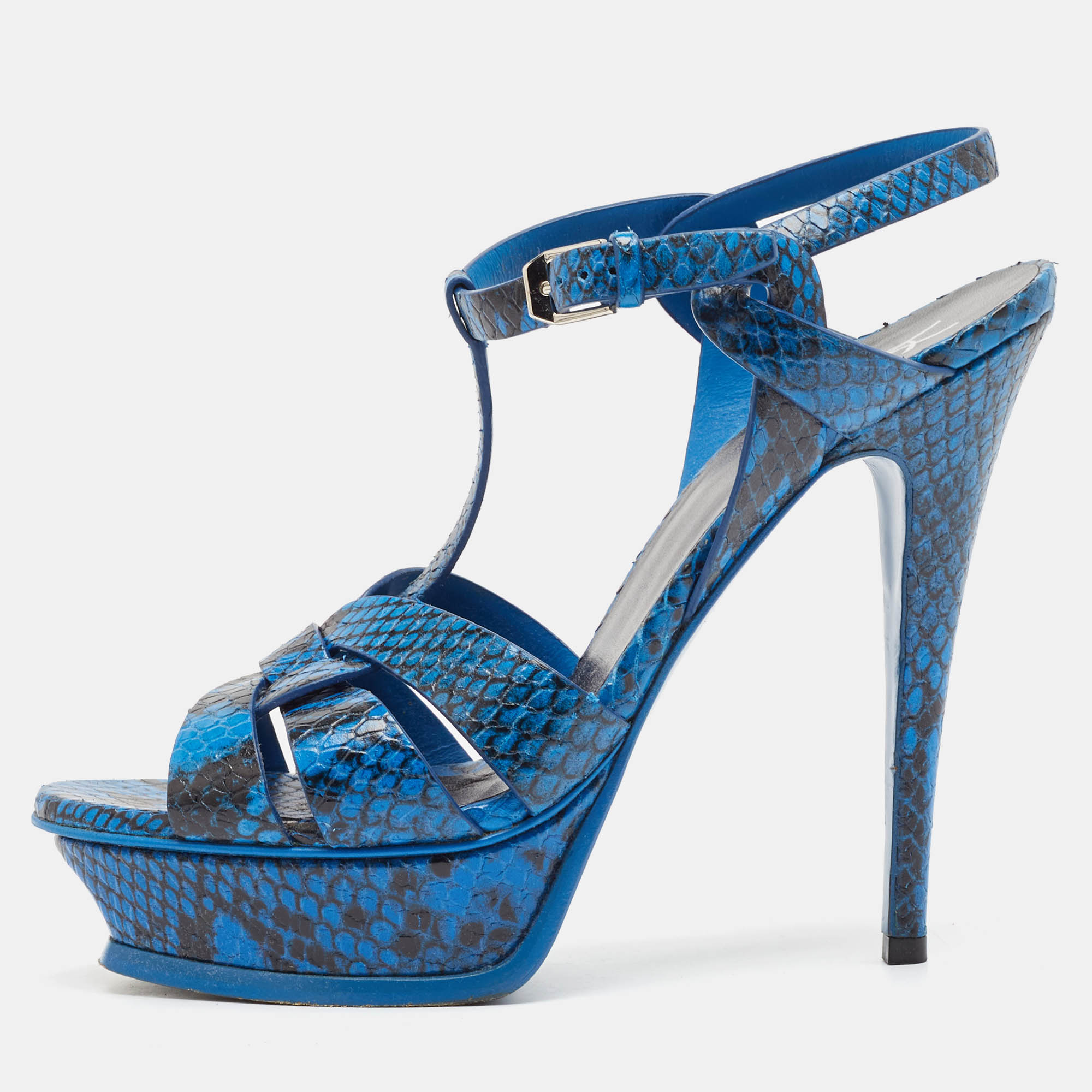 

Saint Laurent Blue/Black Embossed Snakeskin Tribute Sandals Size