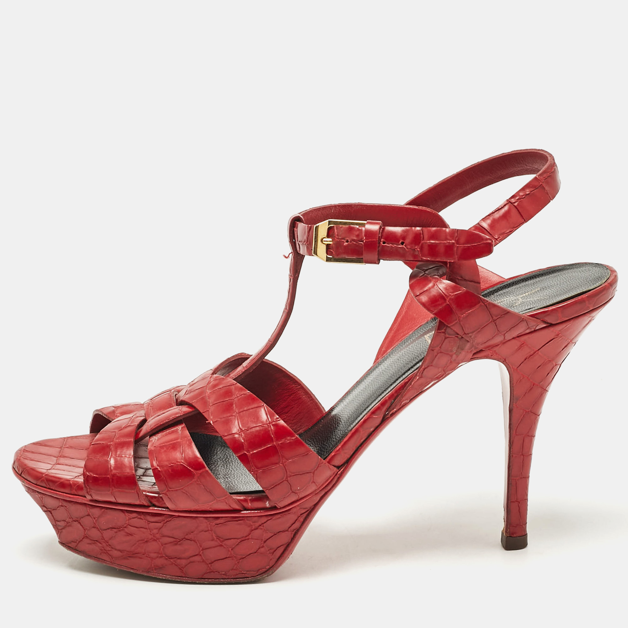 

Saint Laurent Red Croc Embossed Leather Tribute Platform Sandals Size