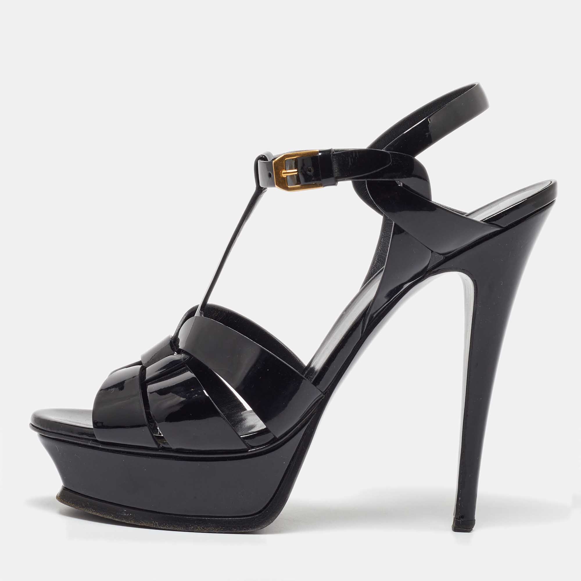 Pre-owned Saint Laurent Black Patent Leather Tribute Platform Sandals Size 39