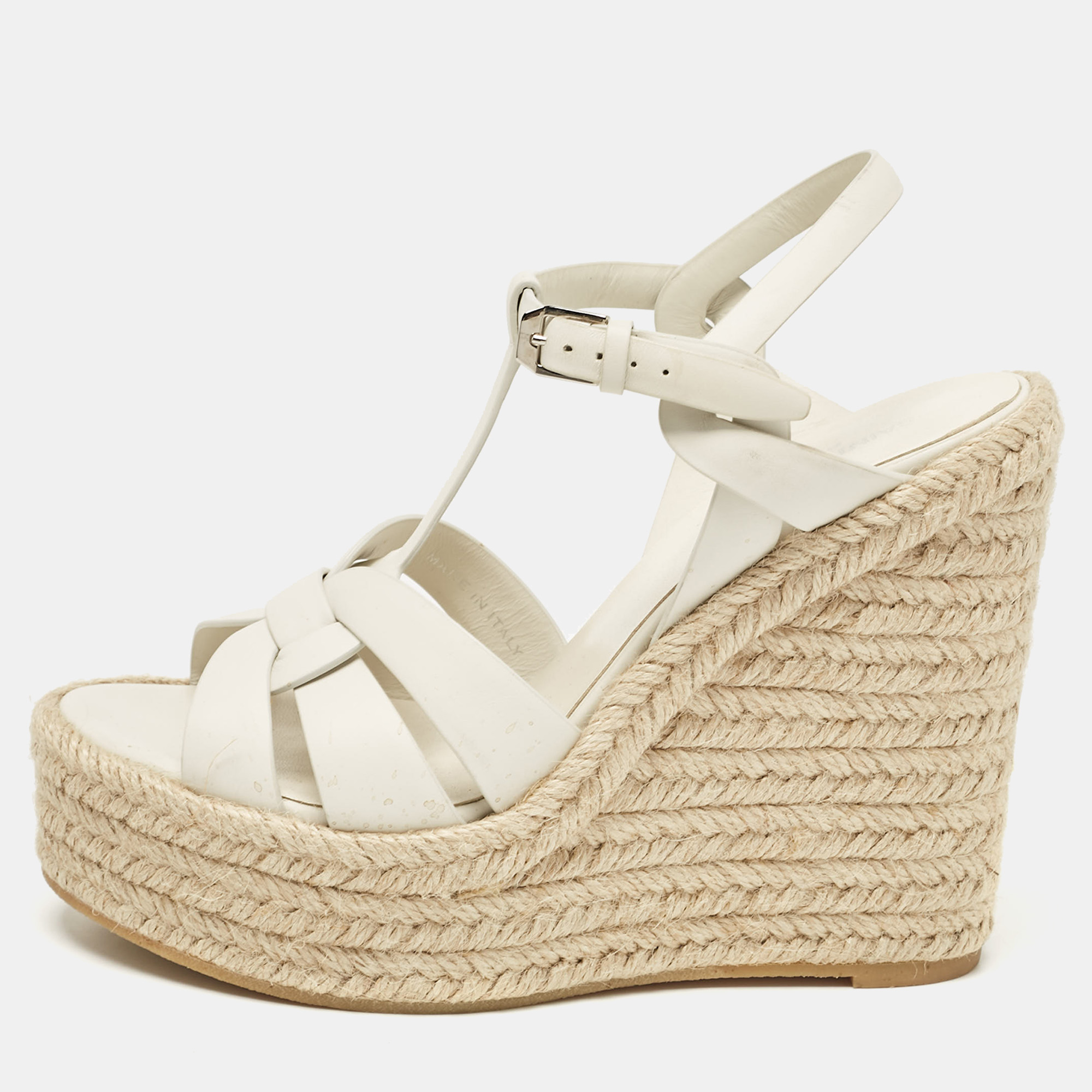 

Saint Laurent White Leather Tribute Wedge Sandals Size