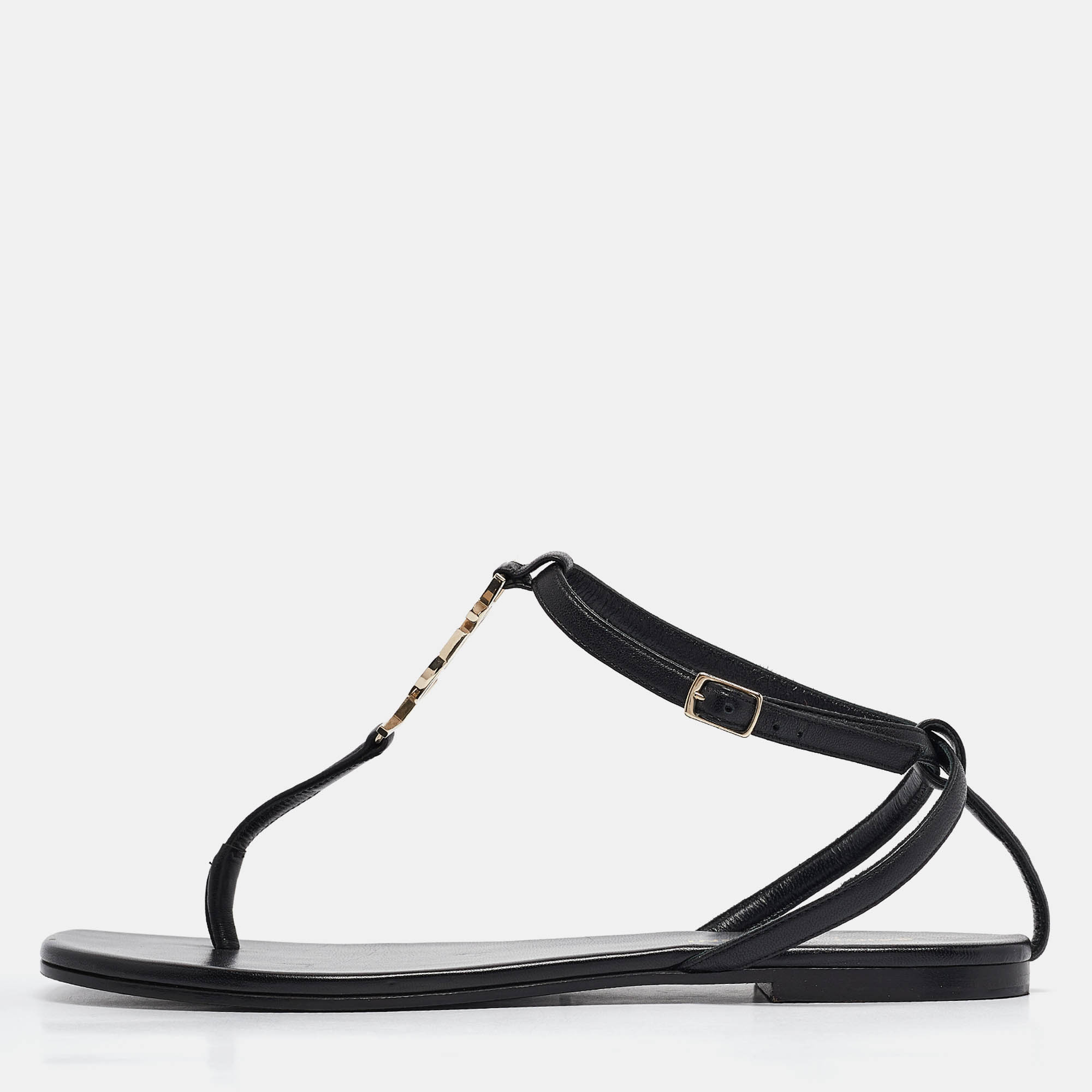 

Saint Laurent Black Leather Monogram T Strap Flats Size