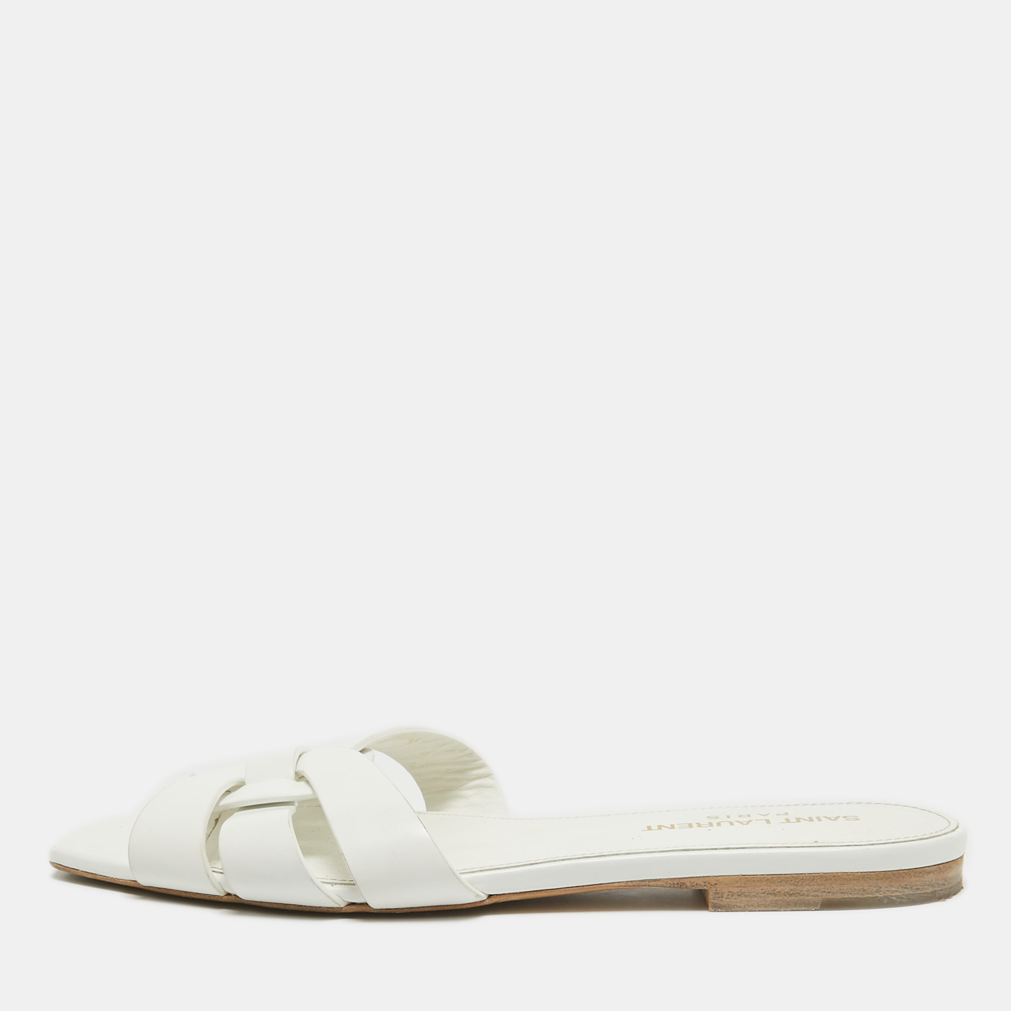 

Saint Laurent White Leather Tribute Flat Slides Size