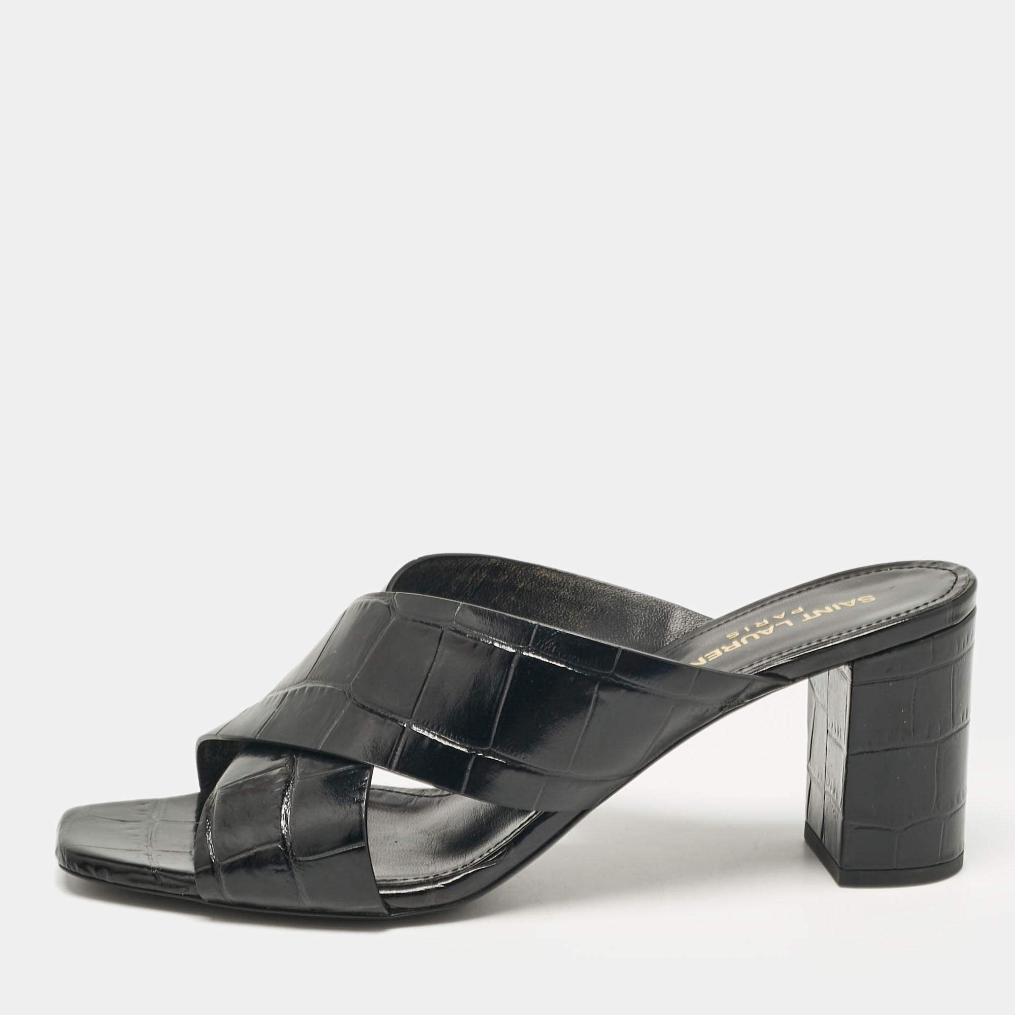 

Saint Laurent Black Croc Embossed Leather Loulou Slide Sandals Size